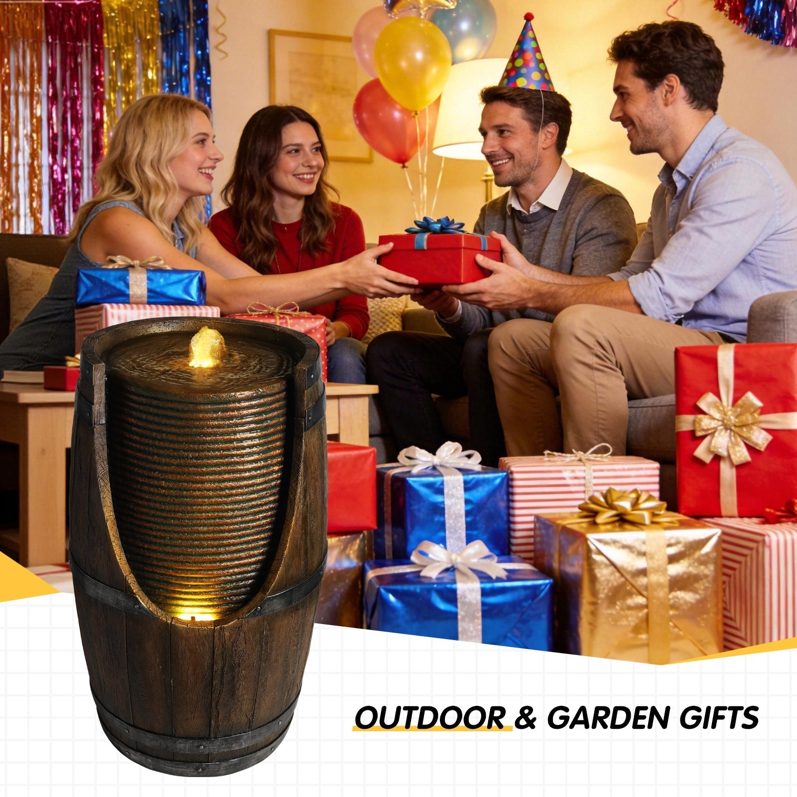 Outdoor Barrel Water Fountain with Rustic Wood Look Resin