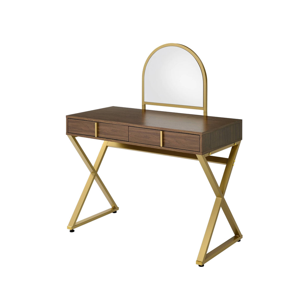 Coleen Walnut & Gold Finish Vanity Desk with Mirror & Jewelry Tray