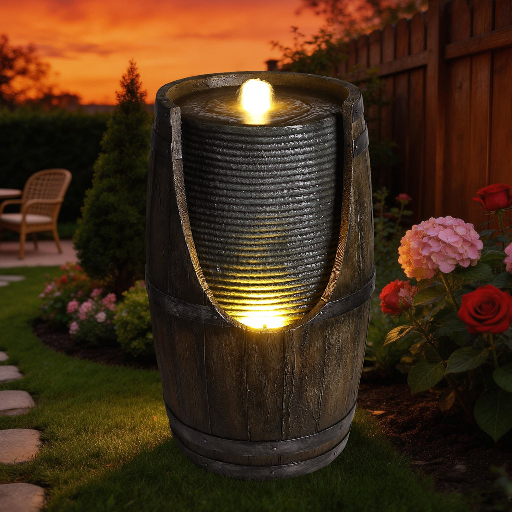 Wooden Barrel Style Outdoor Water Fountain with Lights