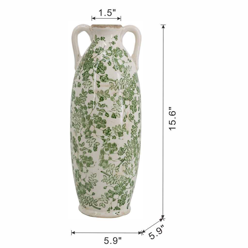 5.9x5.9x15.6' White Ceramic Flower Vase with Green Floral Pattern and Small Handles