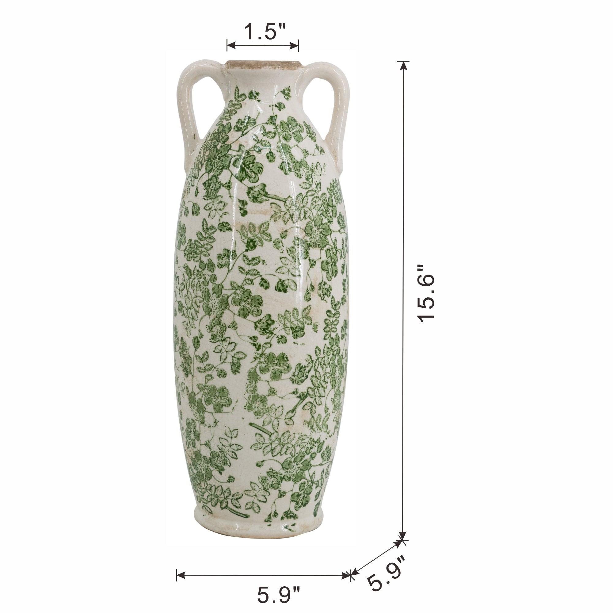 5.9x5.9x15.6' White Ceramic Flower Vase with Green Floral Pattern and Small Handles
