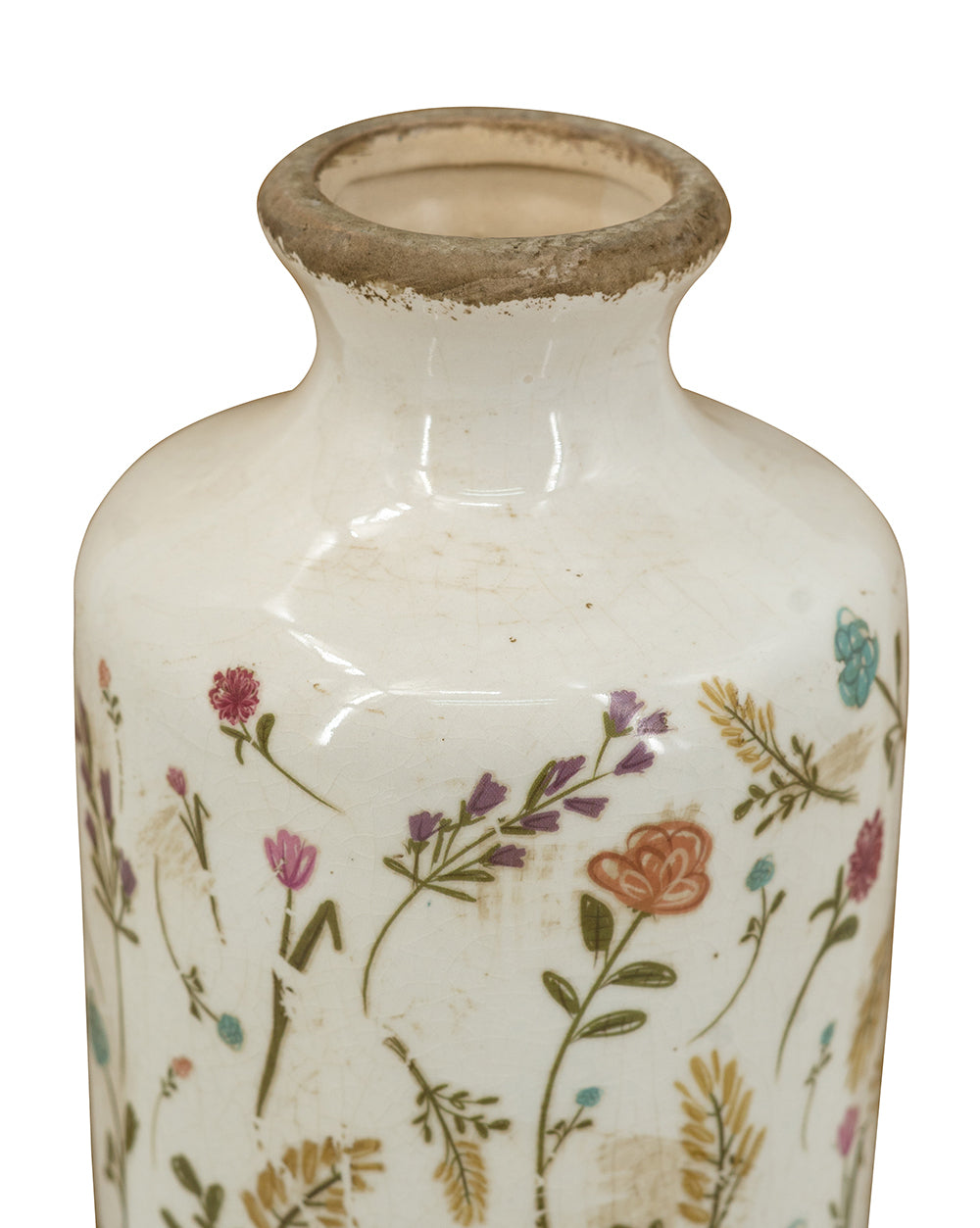 Ceramic Cylinder Vase with Multi-Colored Floral Motifs