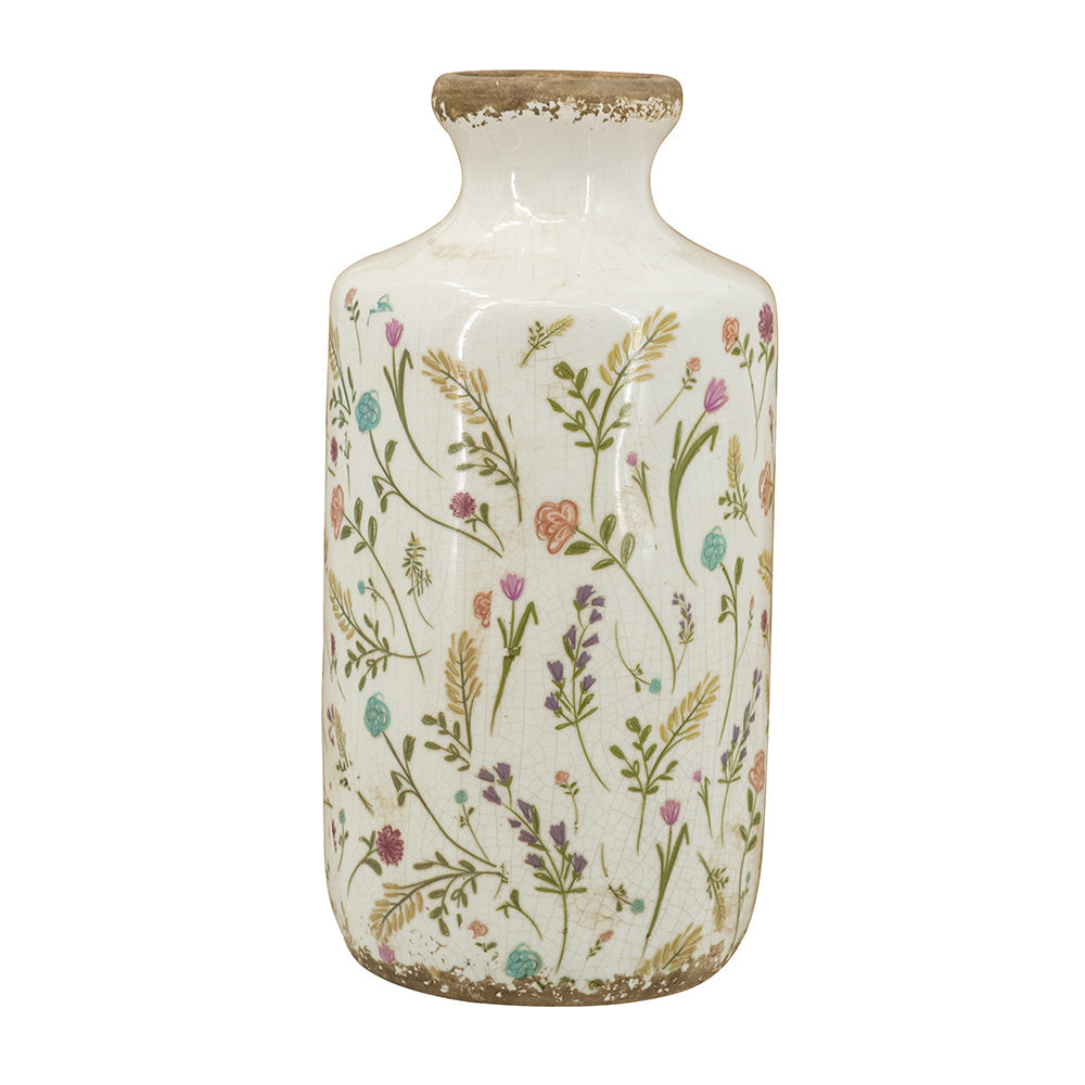 D5.3x10.6' Ceramic Cylinder Vase with Multi-Colored Floral Motifs