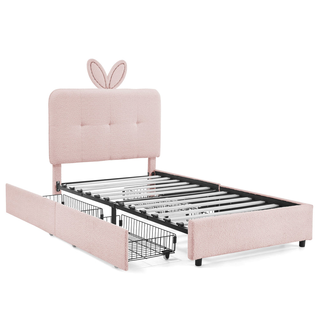Twin Size Kids Upholstered Bed with Oversized Rabbit Ear Headboard