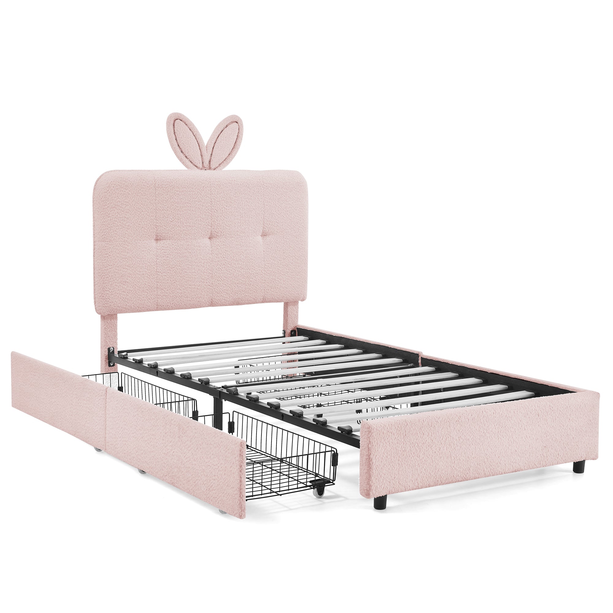 Twin Size Kids Upholstered Bed with Oversized Rabbit Ear Headboard