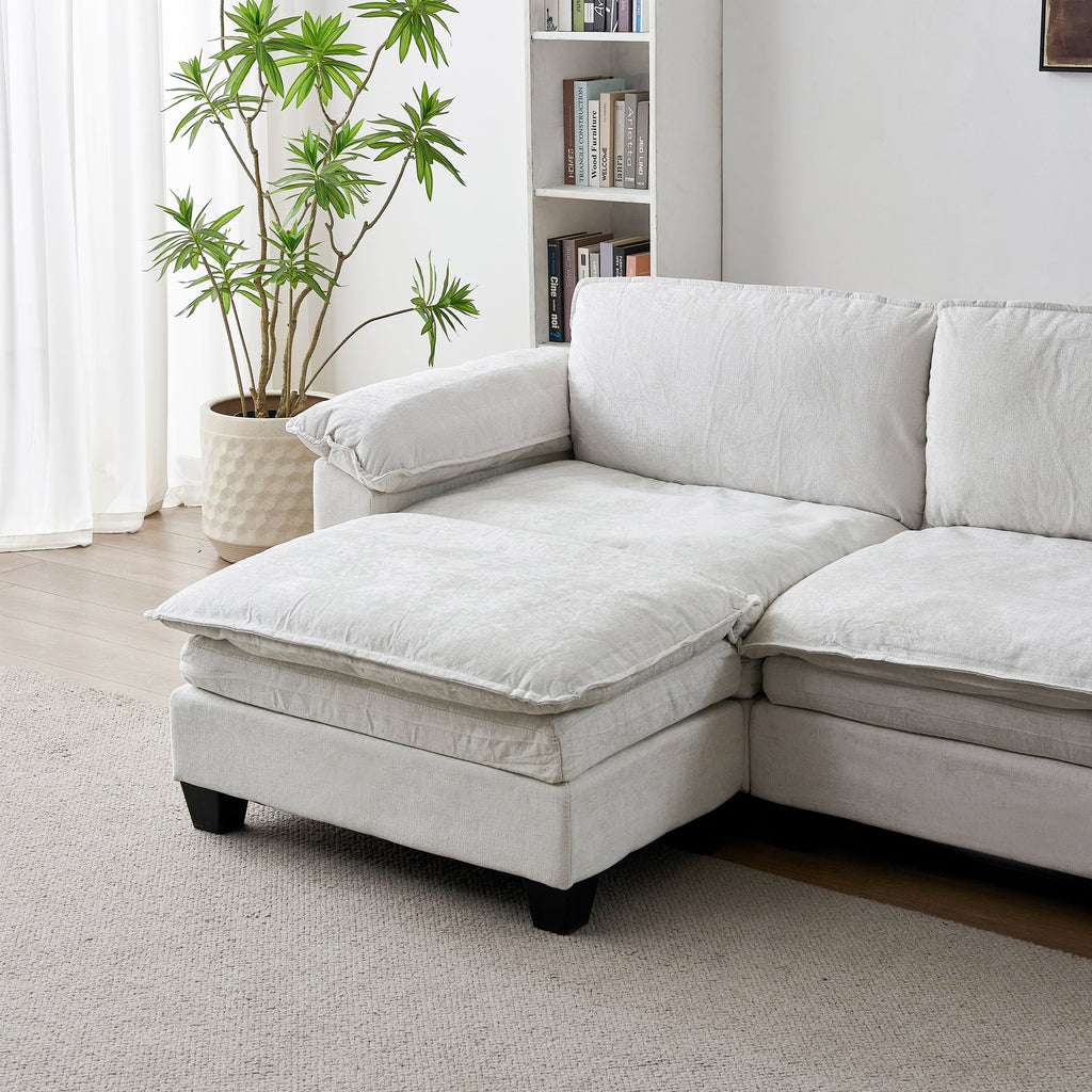 Living Room Sofa Luxury Couch with Ottoman in Soft Chenille Beige