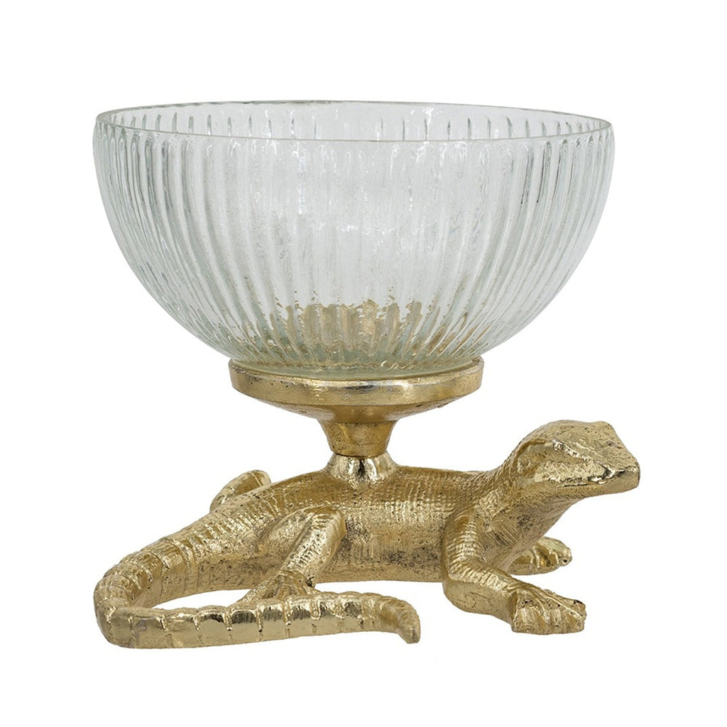 5x5x4.5' Gold Lizard Pedestal Bowl with Ribbed Glass Dish