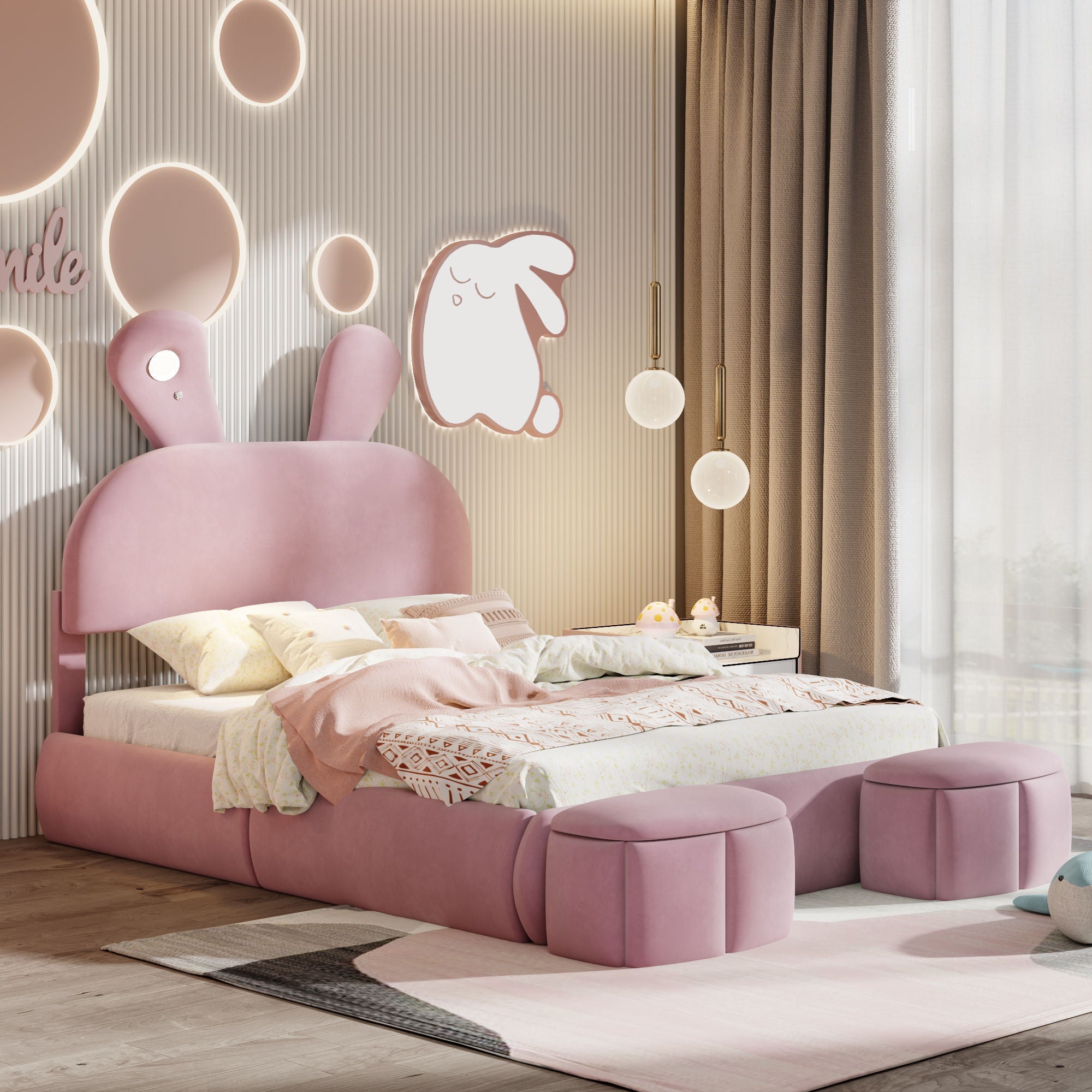 Full Upholstered Platform Bed With Cartoon Ears Headboard And LED Light - Pink