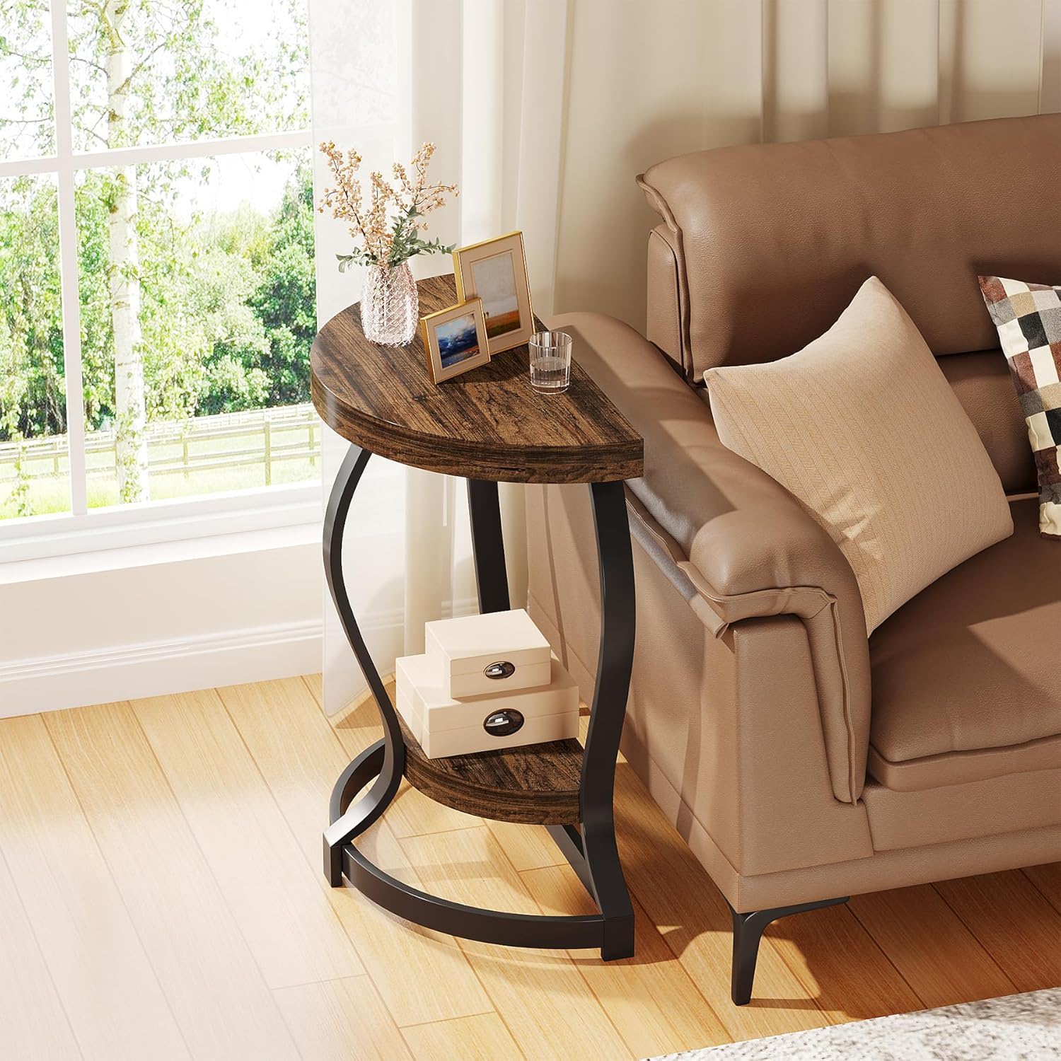 Half Round End Table With Frame, 2 Tier Semi Circle For Entryway - Brown / Black