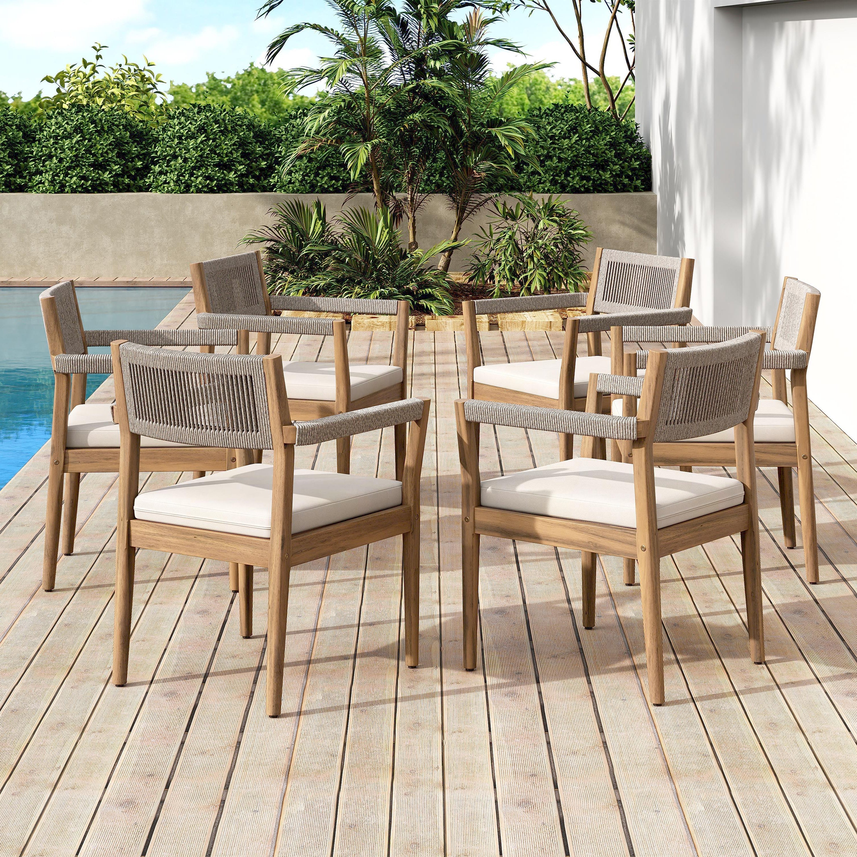 Braided Acacia Wood Outdoor Dining Chairs Set of 2 – Teak Look with Beige Rope & Cream Cushions