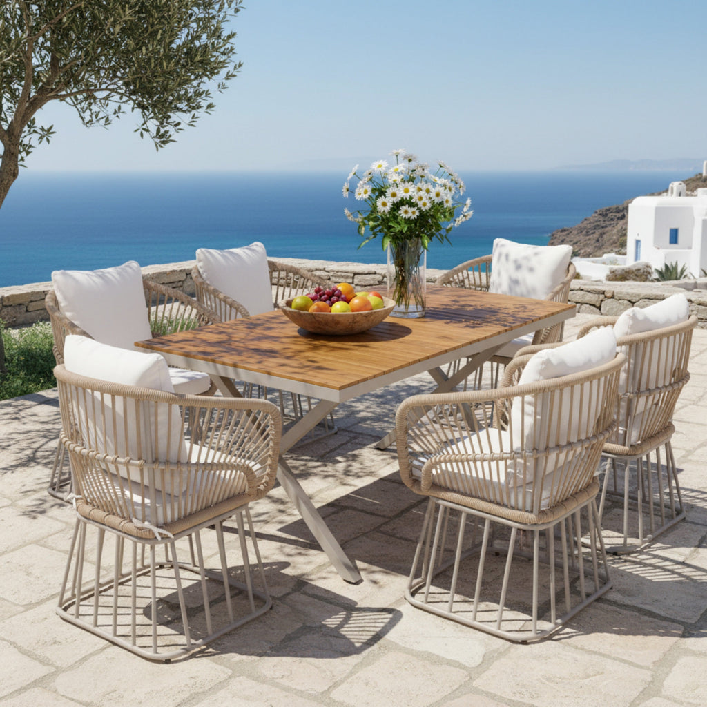 Outdoor 7-Piece Dining Set - Rectangular Teak Wood Table + 6 Wicker Chairs with Cushions