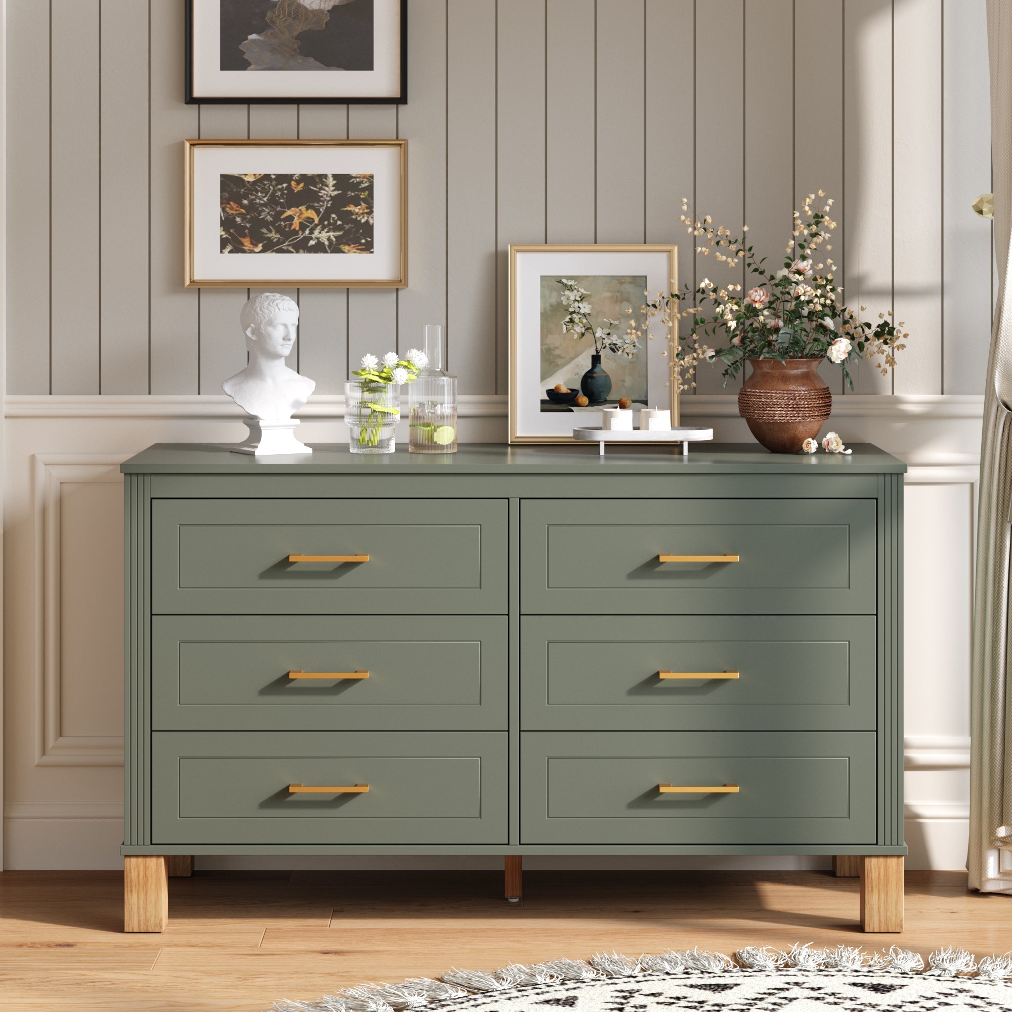 6-Drawer Double Dresser in Olive