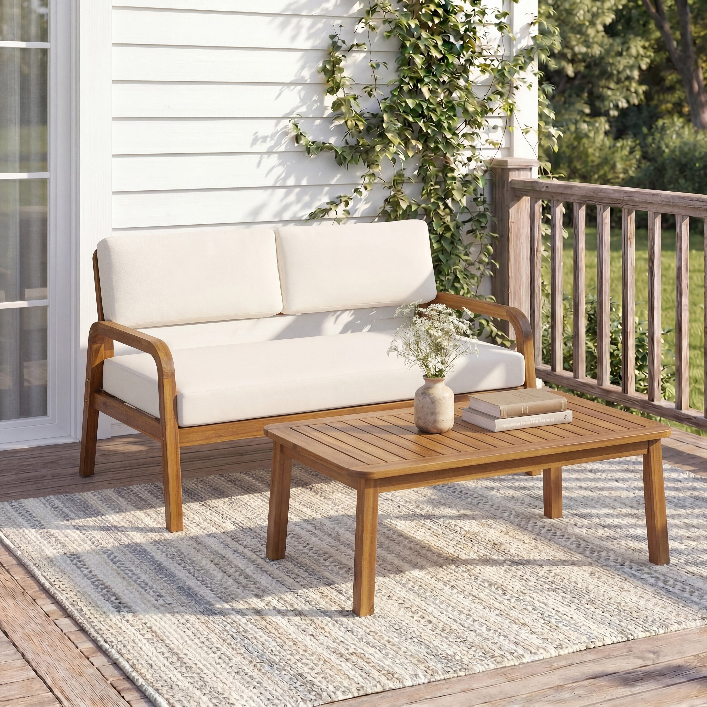 2-Pieces Outdoor Sofa Set with Cushions Teak Acacia Wood