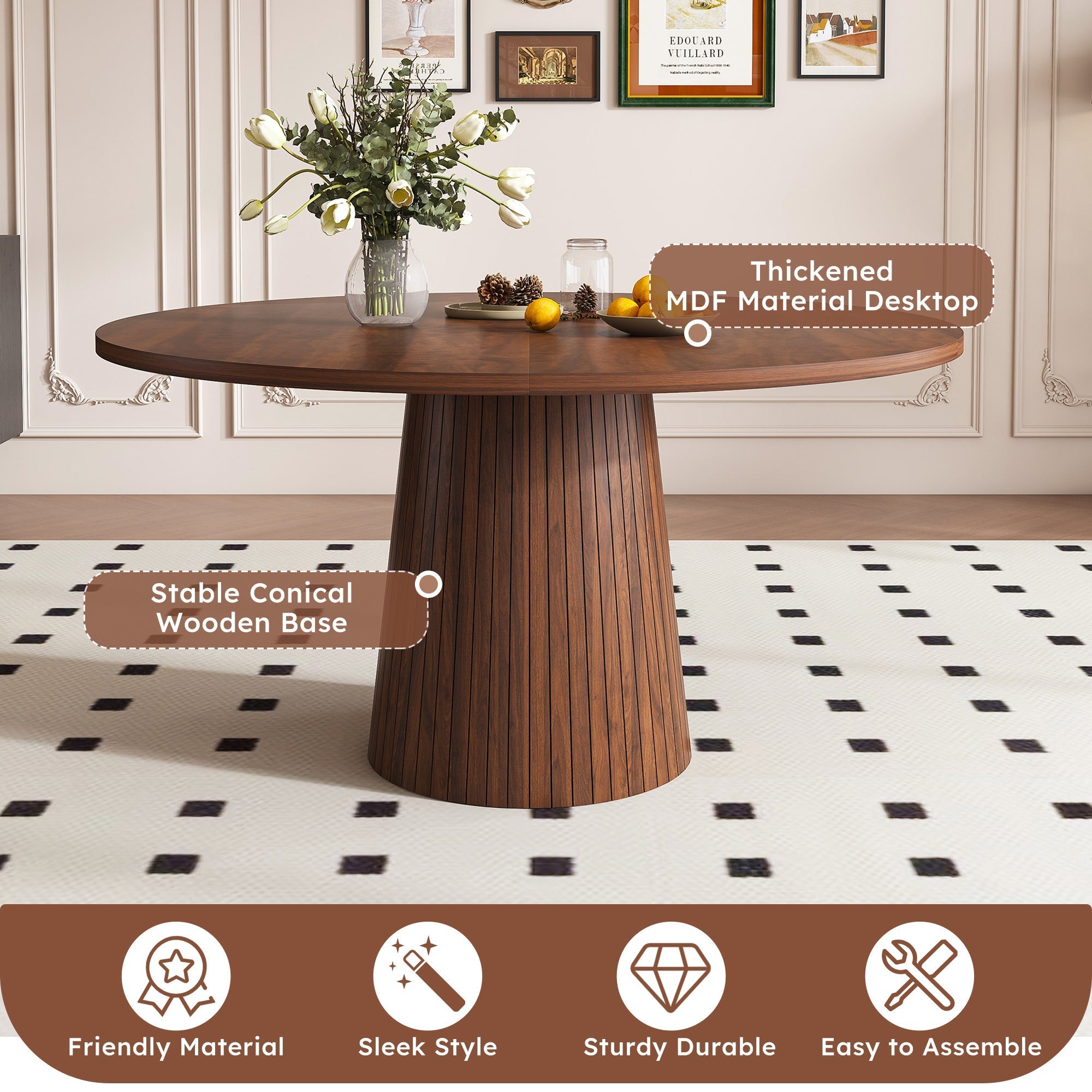 47 Inch Round MDF Dining Table for 4, Modern Farmhouse Style