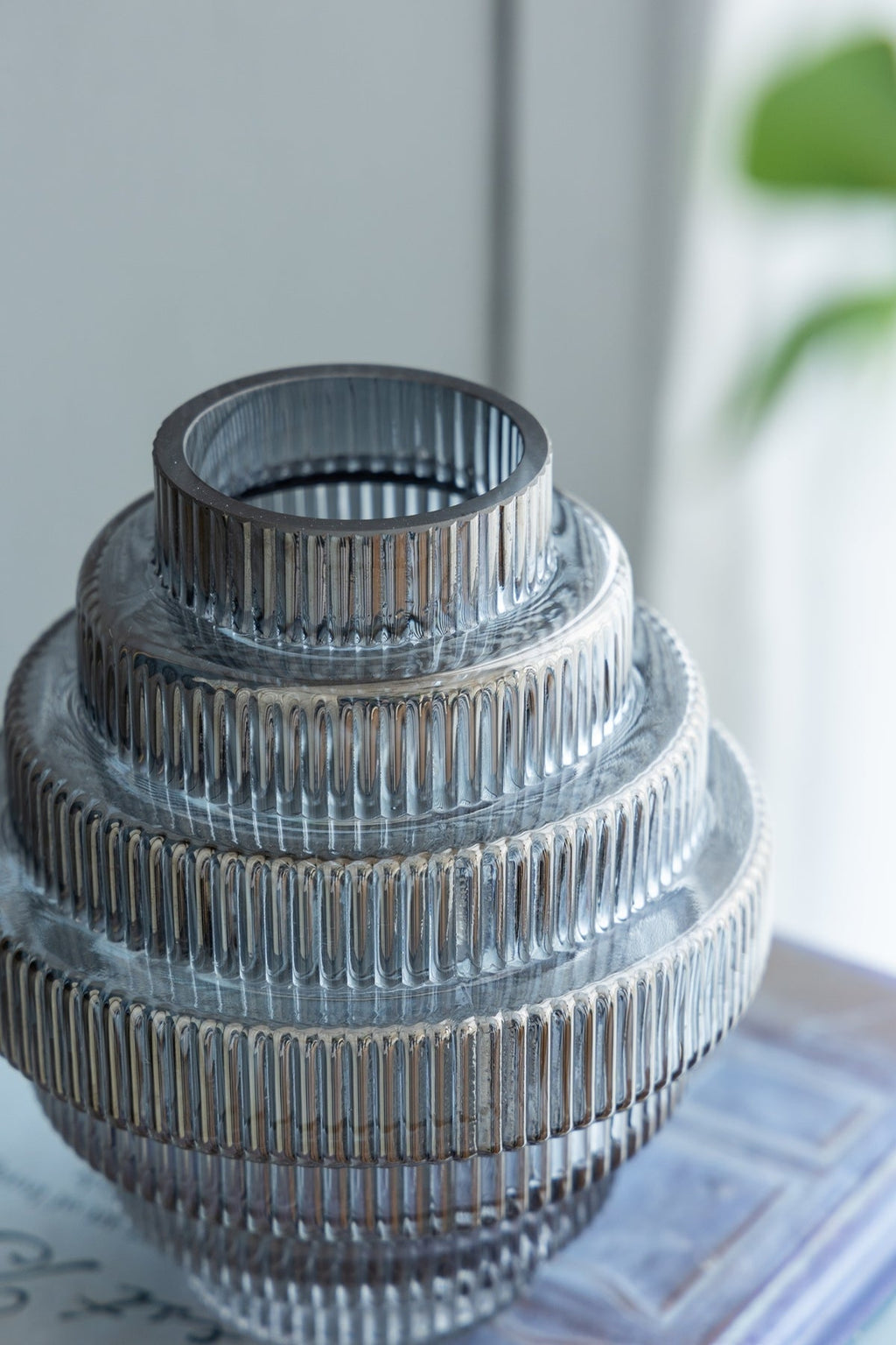 Multi-Tiered Geometric Vase with Smoked Blue Finish, Set of 2