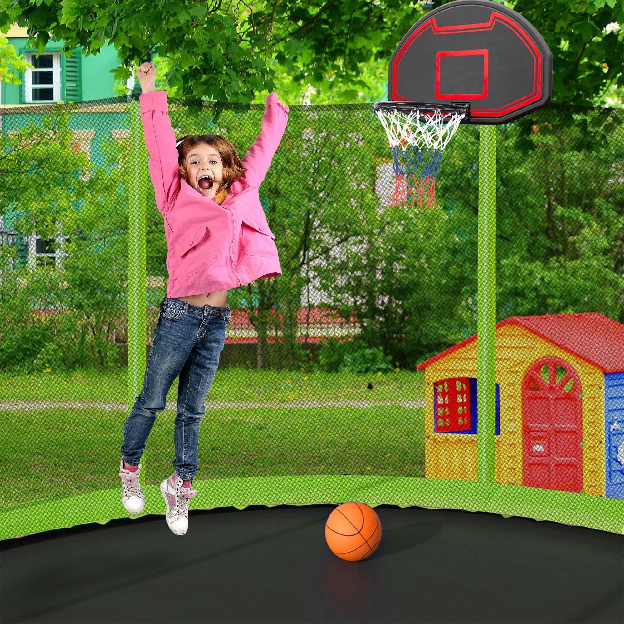 14Ft Trampoline With Basketball Hoop Inflator And Ladder (Inner Safety Enclosure) - Green