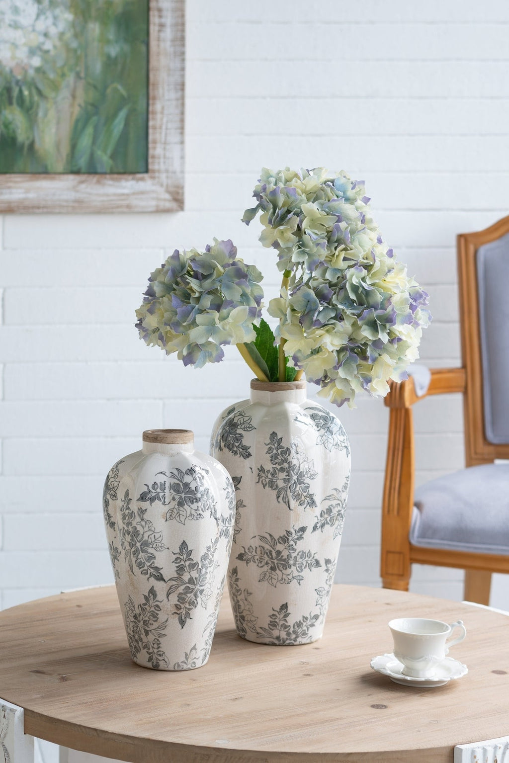 6.7x6.7x11.6' White Ceramic Accent Vase with Gray Floral Design