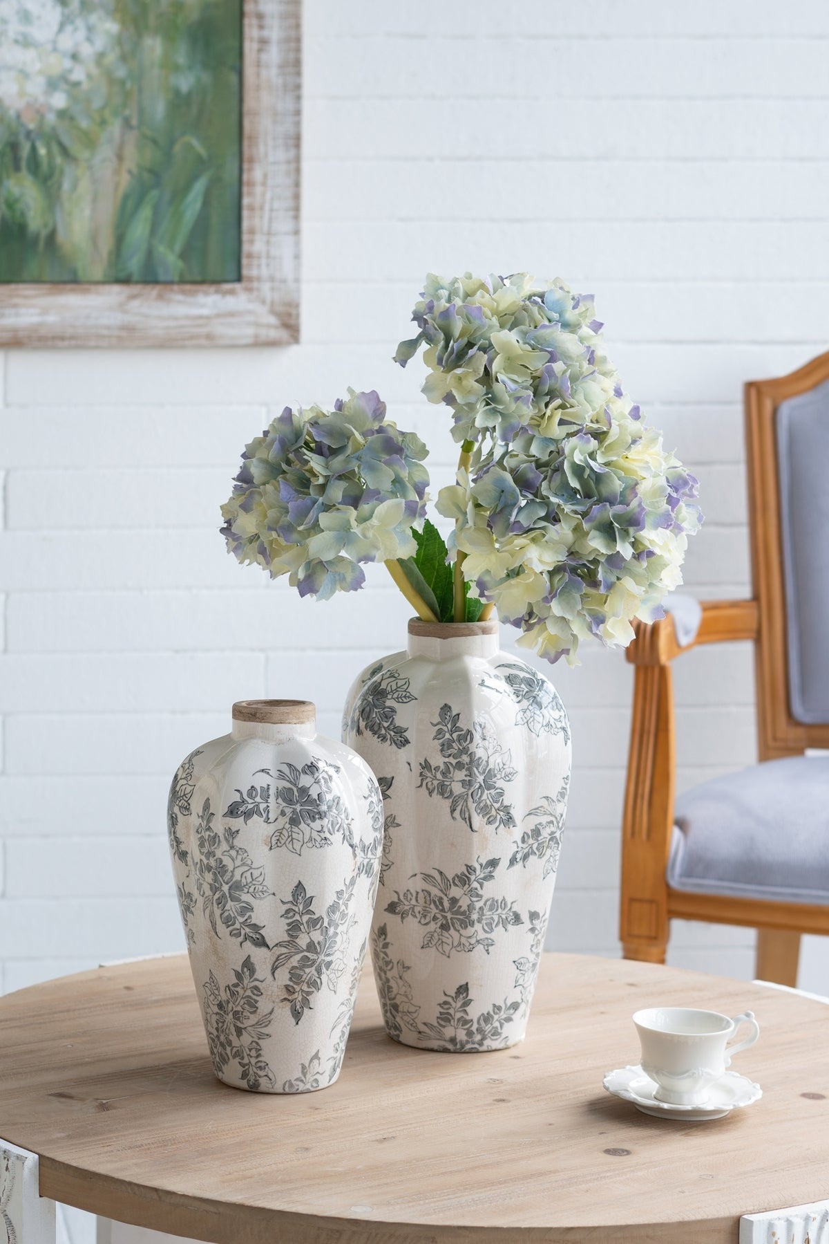 6.7x6.7x11.6' White Ceramic Accent Vase with Gray Floral Design