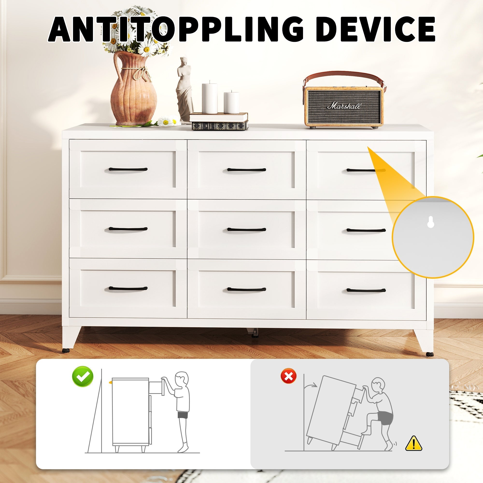9 Drawer White Metal Dresser with Quiet-Glide Rails