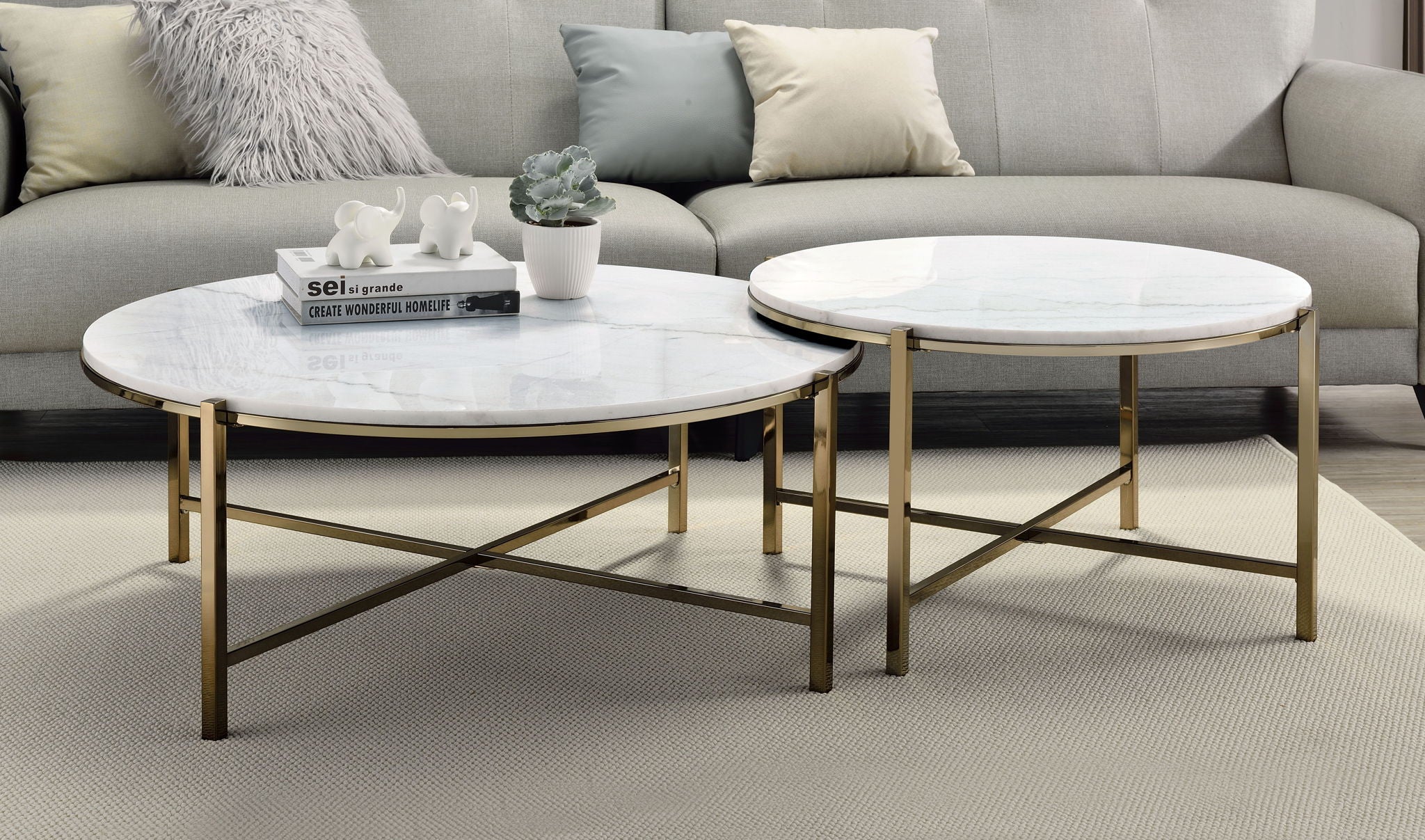 Zaidee Marble Top Nickel Nesting Table Set - White