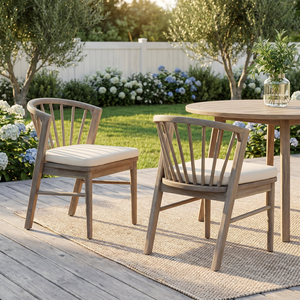 Outdoor Dining Chairs Set of 2 with Acacia Wood and Cream Washable Cushions