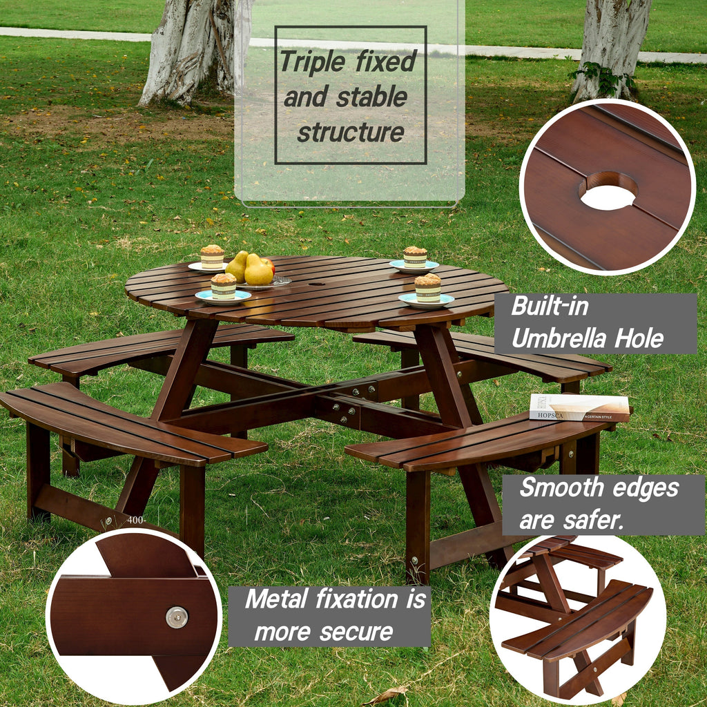 Outdoor 8 Person Round Picnic Table with Built-In Benches
