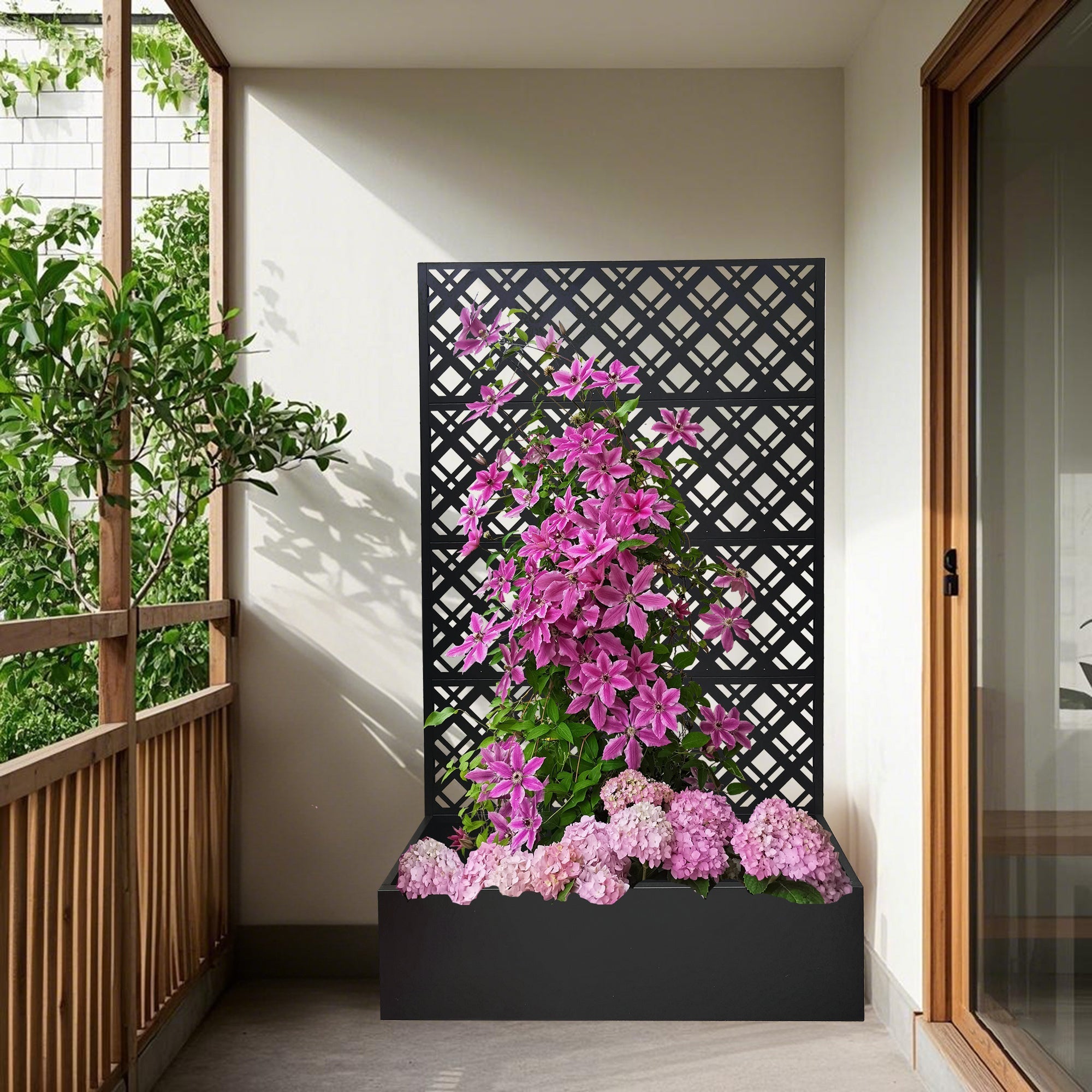 Rhombus Black Metal Planter Raised Garden Bed with Trellis