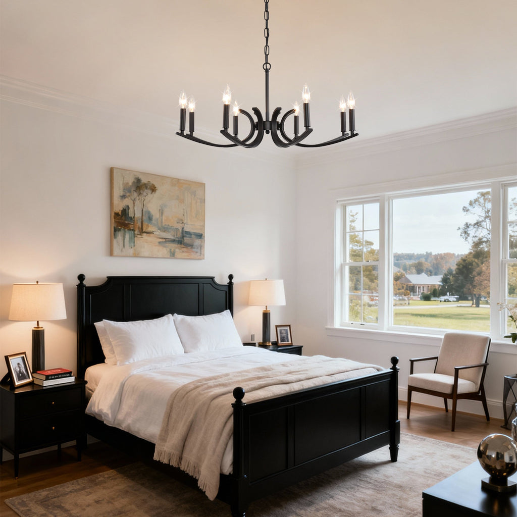 8-Light Farmhouse Chandelier, Black Metal