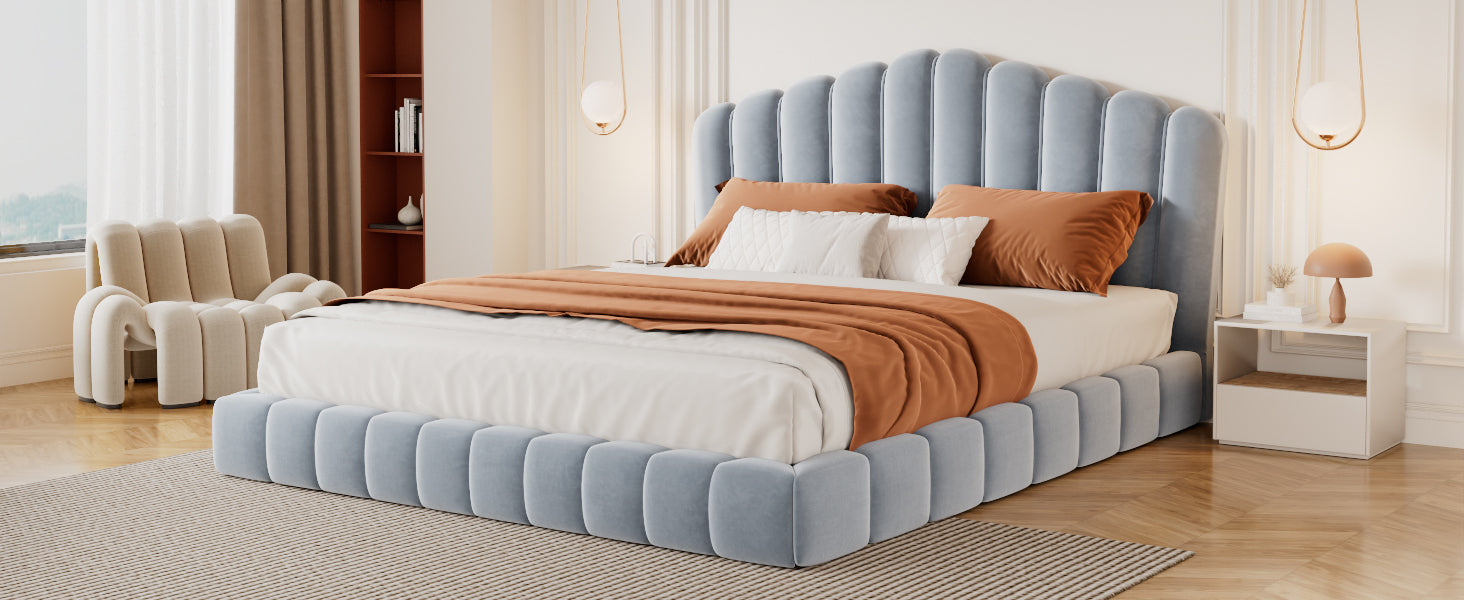 Velvet Upholstered Queen Bed with Shell-Shaped Headboard