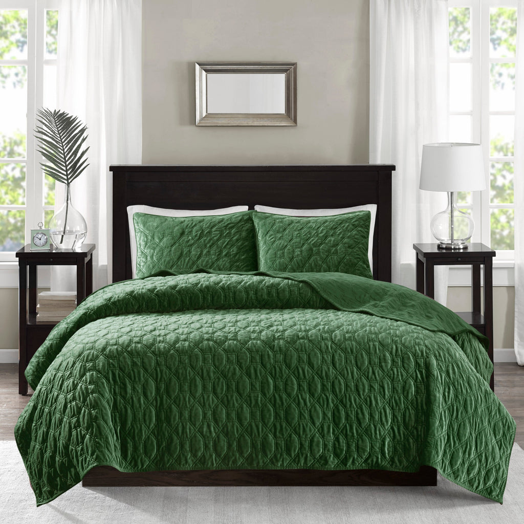 3 Piece Velvet Quilt Set Green Full/Queen