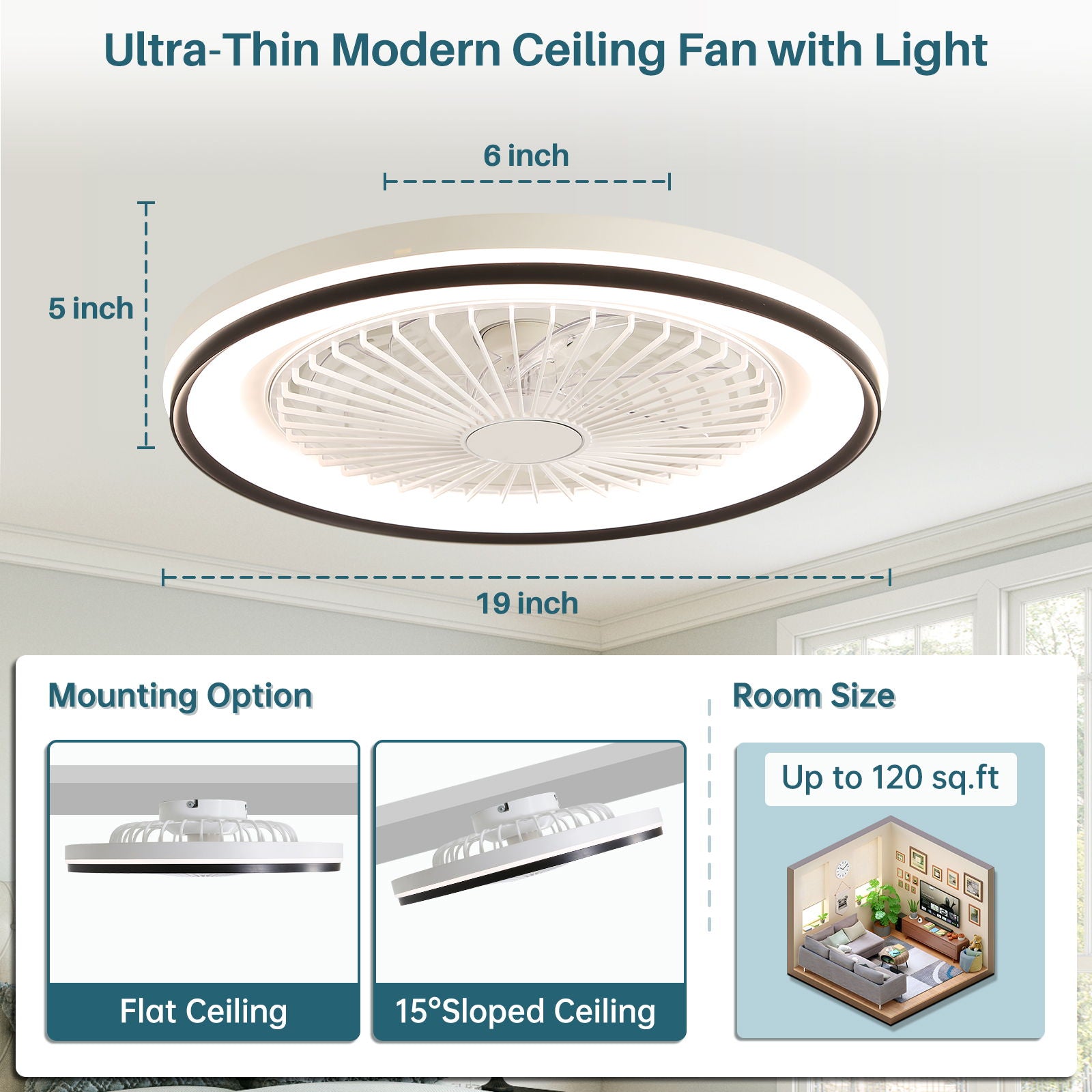 RGB Dimmable LED Bladeless Ceiling Fan with Remote Control, Flush Mount - White