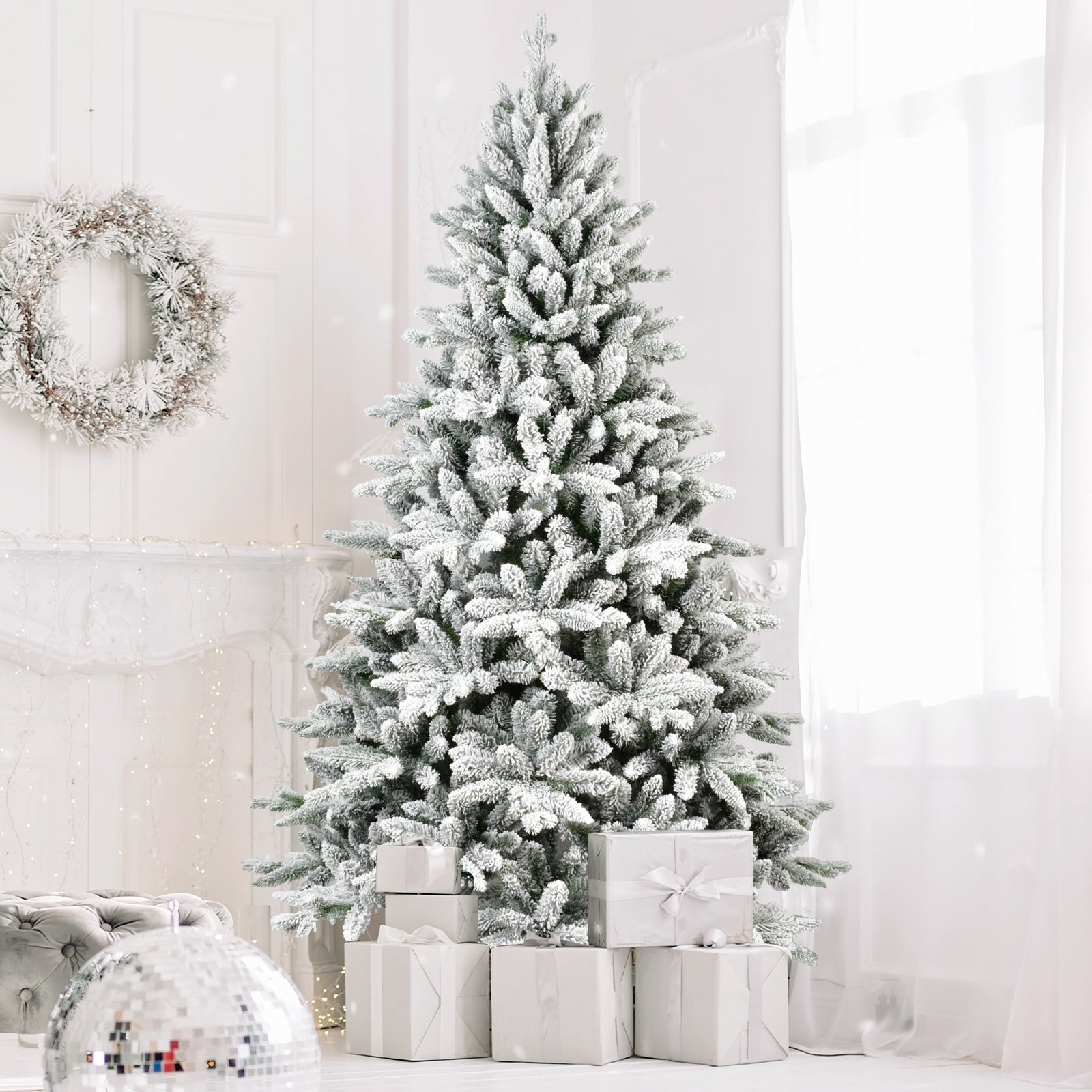 6ft Snow-Flocked Pre-Lit Christmas Tree with 1100 PE+PVC Tips