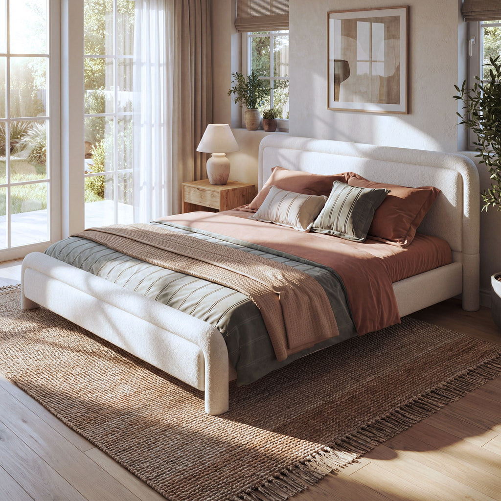 Upholstered Platform Bed Frame With Curved Headboard, Wood Slats Support