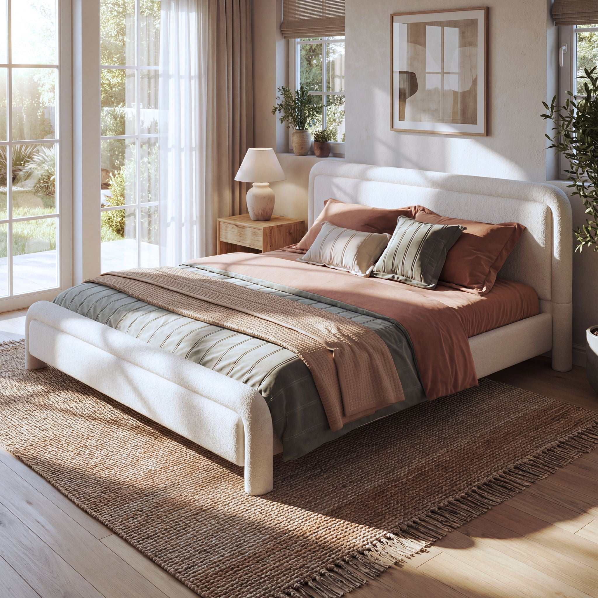 Upholstered Platform Bed Frame With Curved Headboard, Wood Slats Support