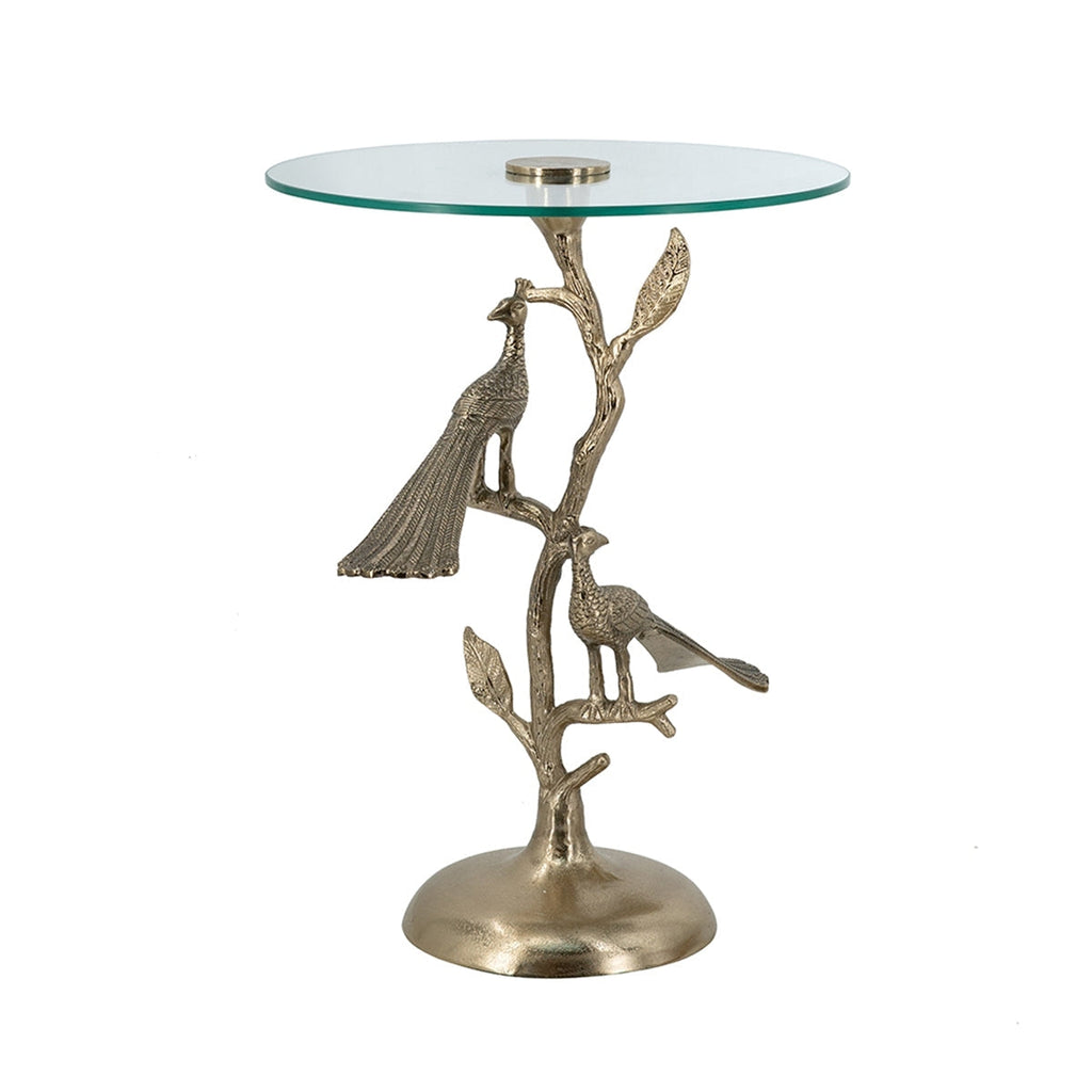 Gold Peacock Side Table with Round Glass Top