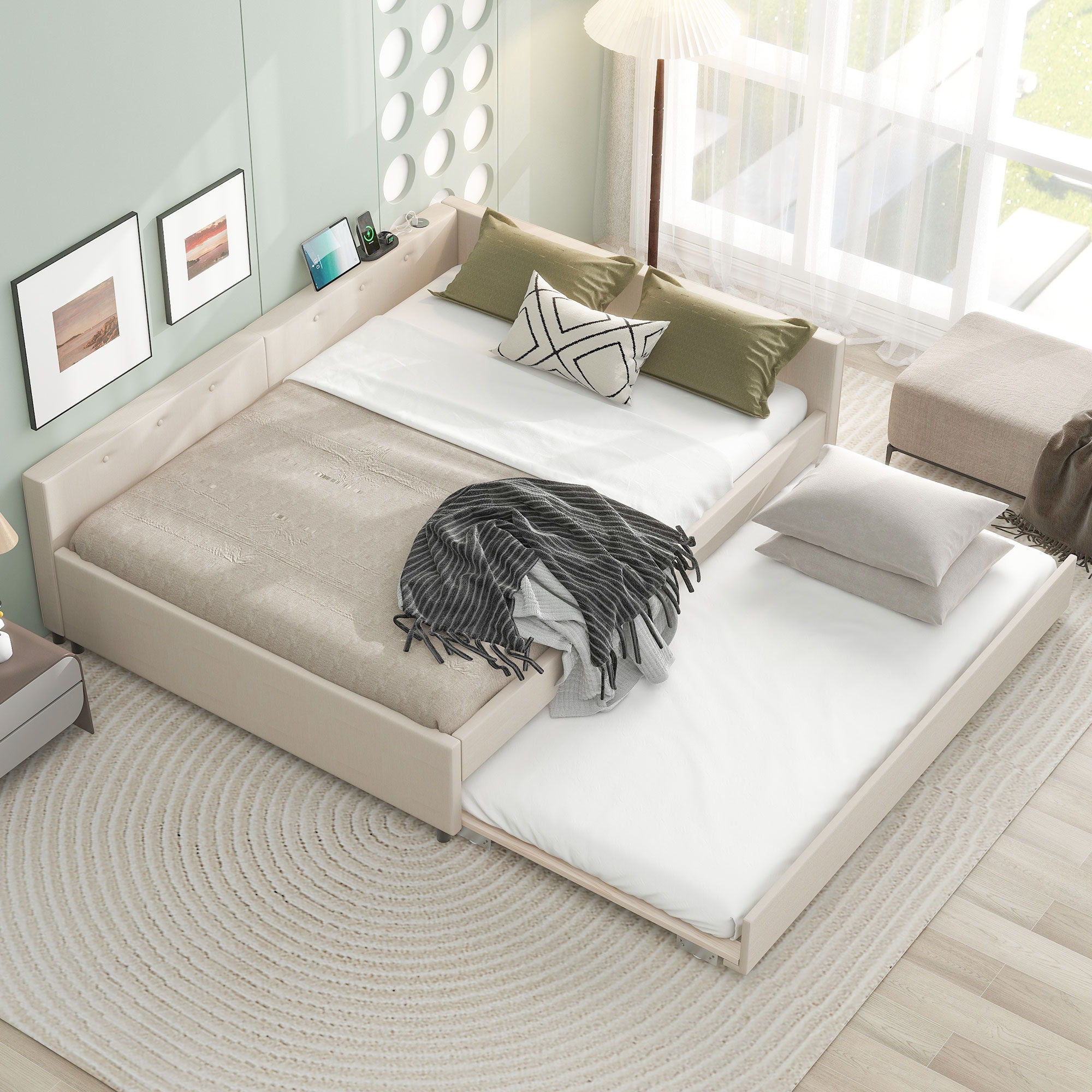 Queen Size Upholstered Platform Bed With USB And Twin Trundle - Beige