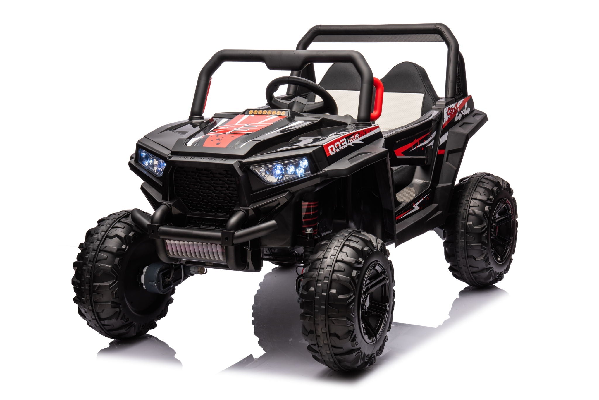 12V7A*1 30W*4 Four-Wheel Drive Seat One Button Start, Forward And Backward, High And Low Speed, Music, Front Light, Power Display, Two Doors Can Open, 2.4G R / C, Seat Belt Four Wheel Absorber