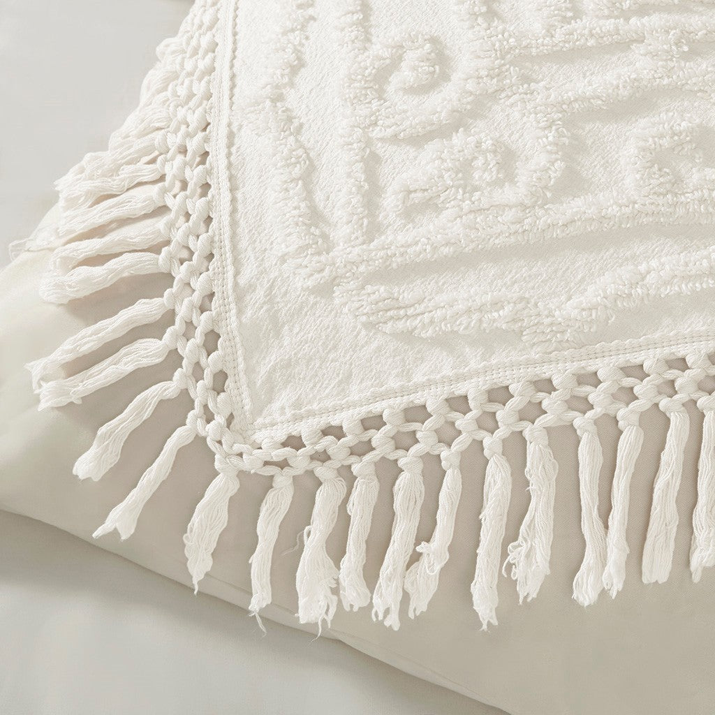 Tufted Cotton Chenille Medallion Fringe Coverlet Mini Set - Off-White