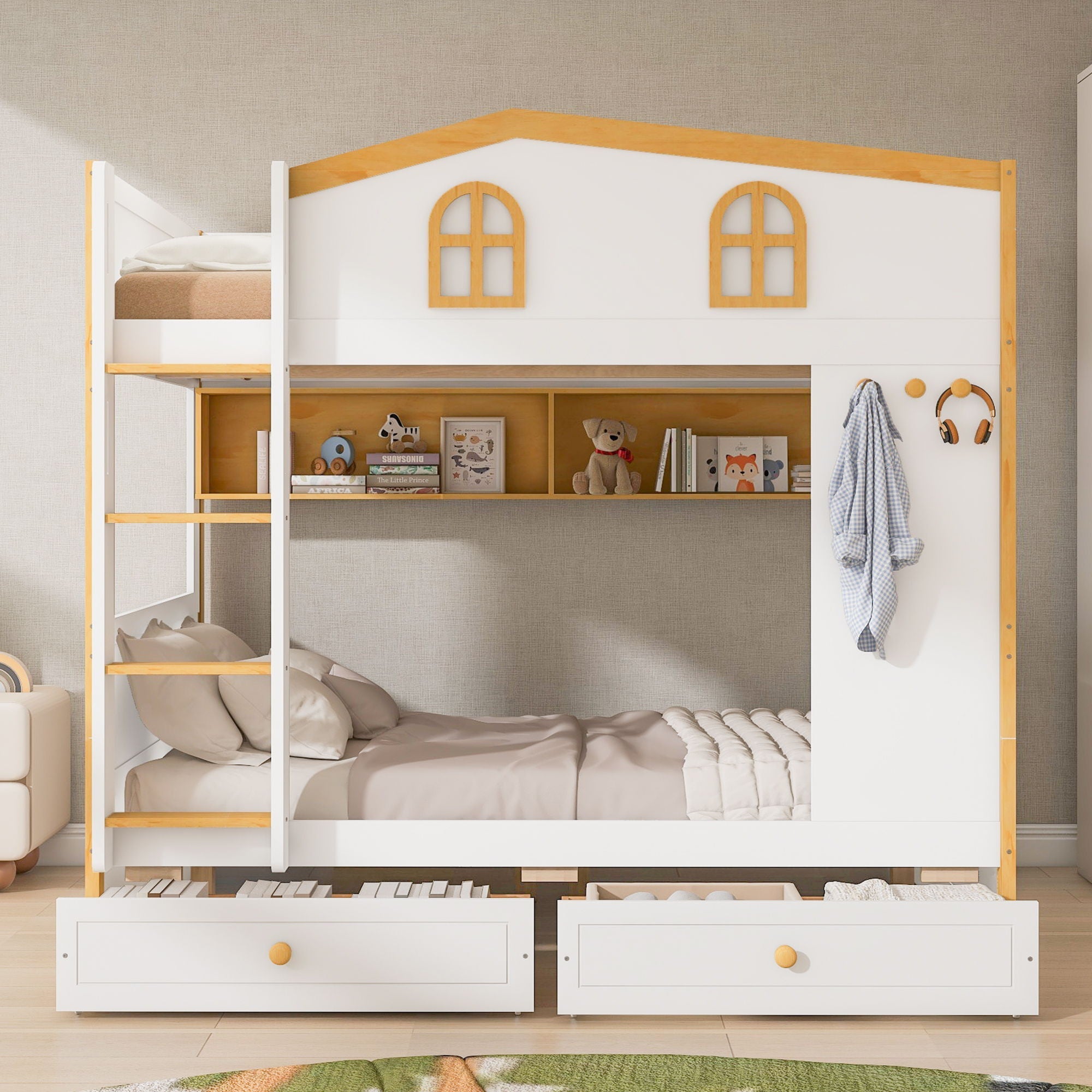 Twin Over Twin Bunk Bed With House Shaped Guardrails, Storage Shelves & Drawers - White / Natural