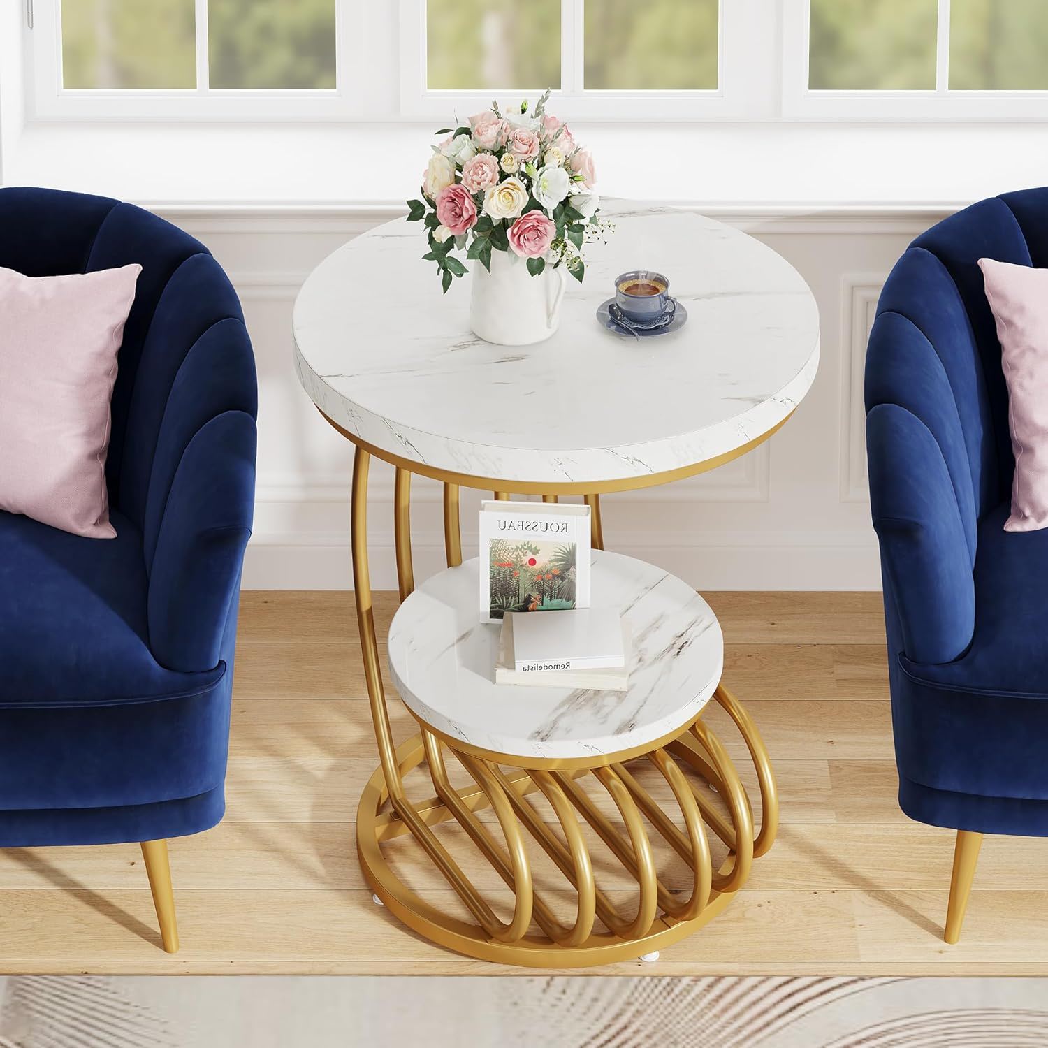 Round Vintage End Table With 2 Tier Storage