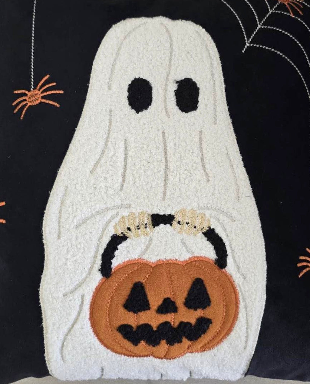 Halloween Ghost With Pumpkin Bucket Throw Pillow