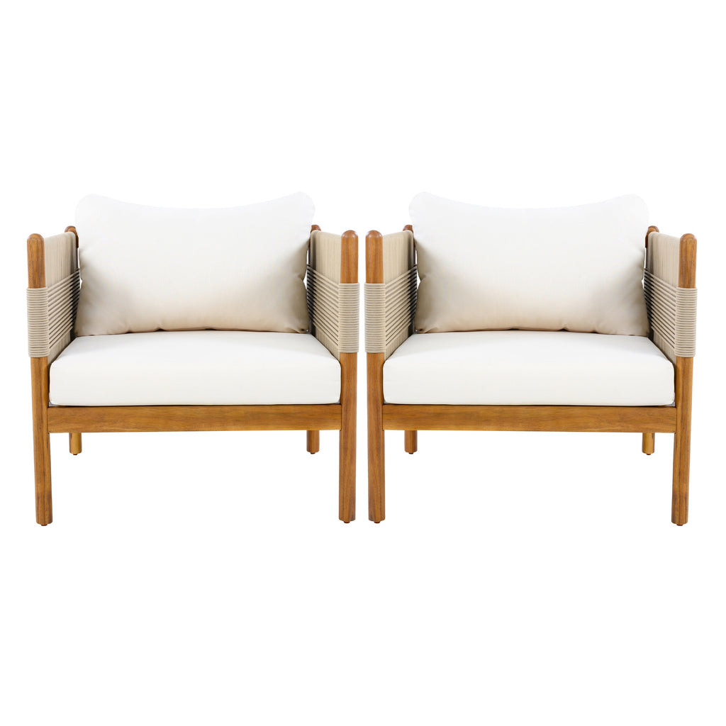 Outdoor Club Chairs (Set of 2) with Diamond-Pattern Beige Rope, Teak Finish