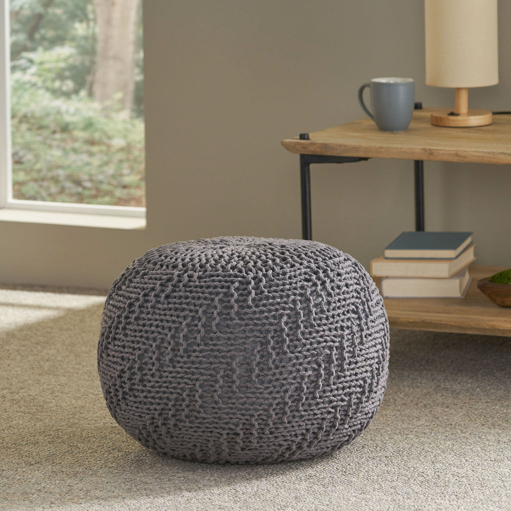 Hazel Modern Knitted Cotton Yarn Round Pouf - Dark Gray