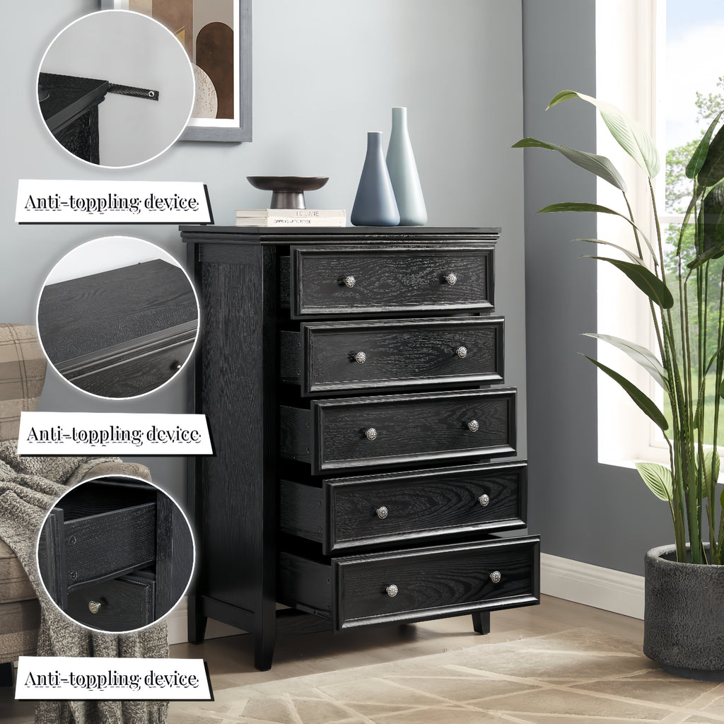 Modern 5-Drawer Black Dresser for Living Room Storage