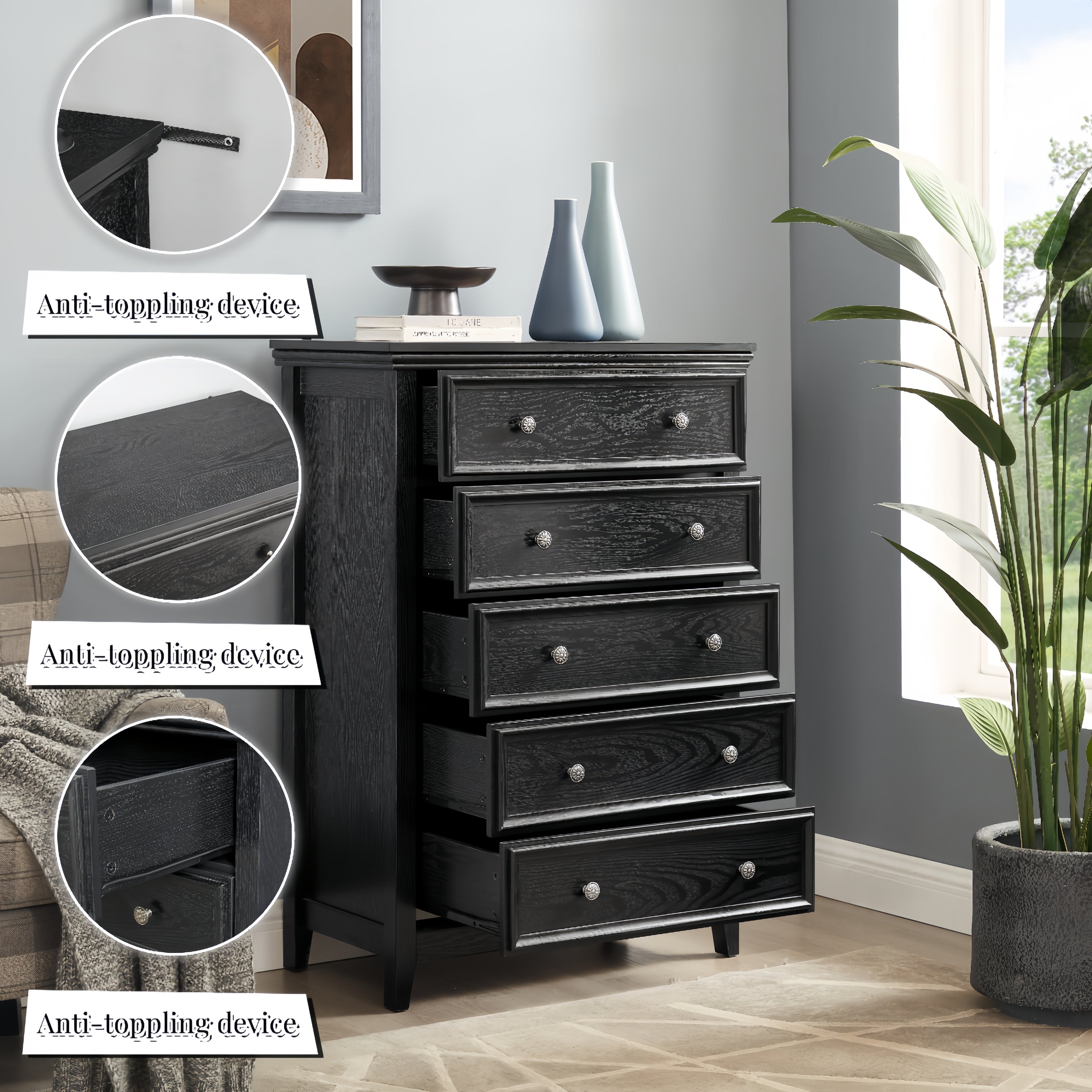 Modern 5-Drawer Black Dresser for Living Room Storage