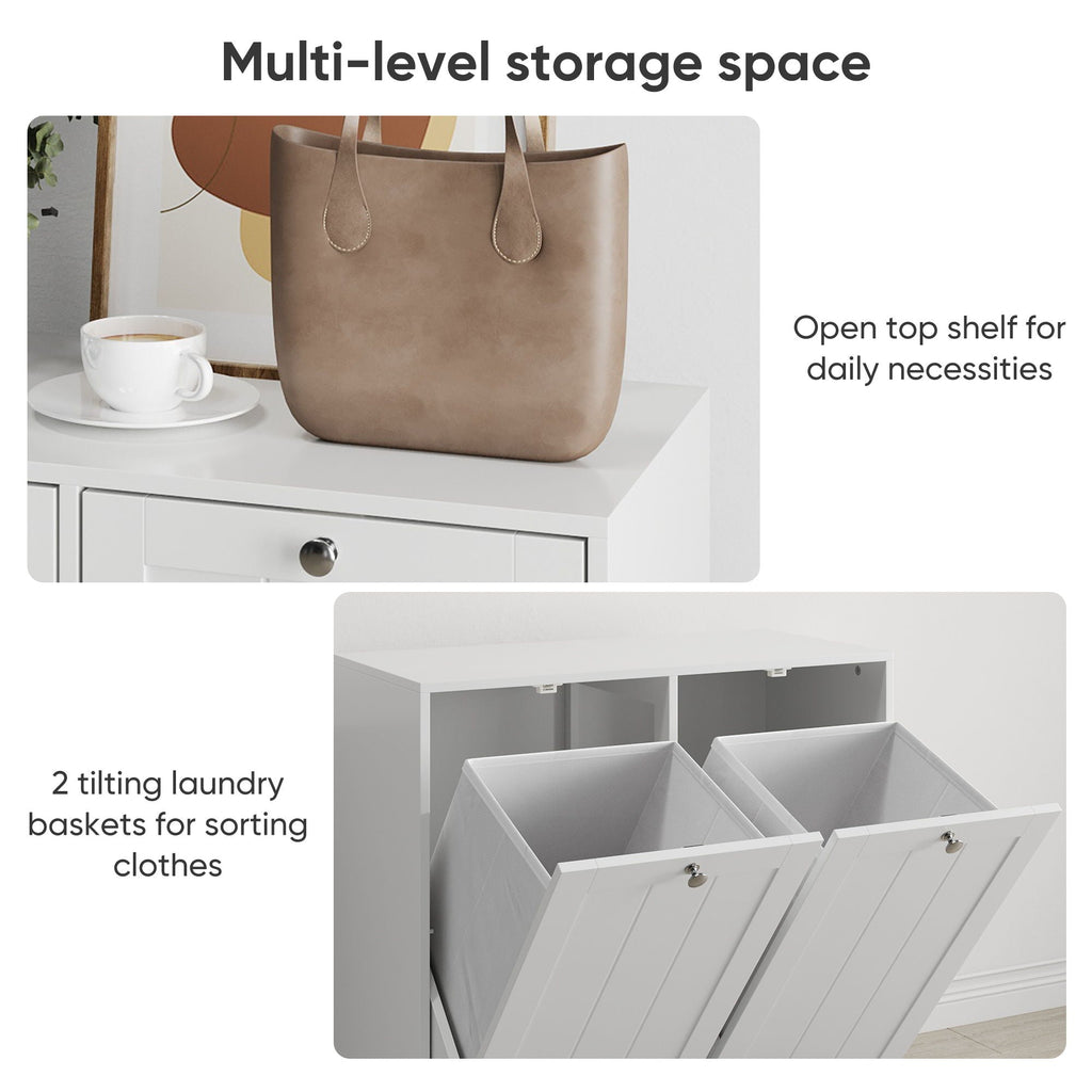 Tilted Laundry Hamper With Removable Basket, Hidden Storage Cabinet, Home Organizer For Bathroom - White
