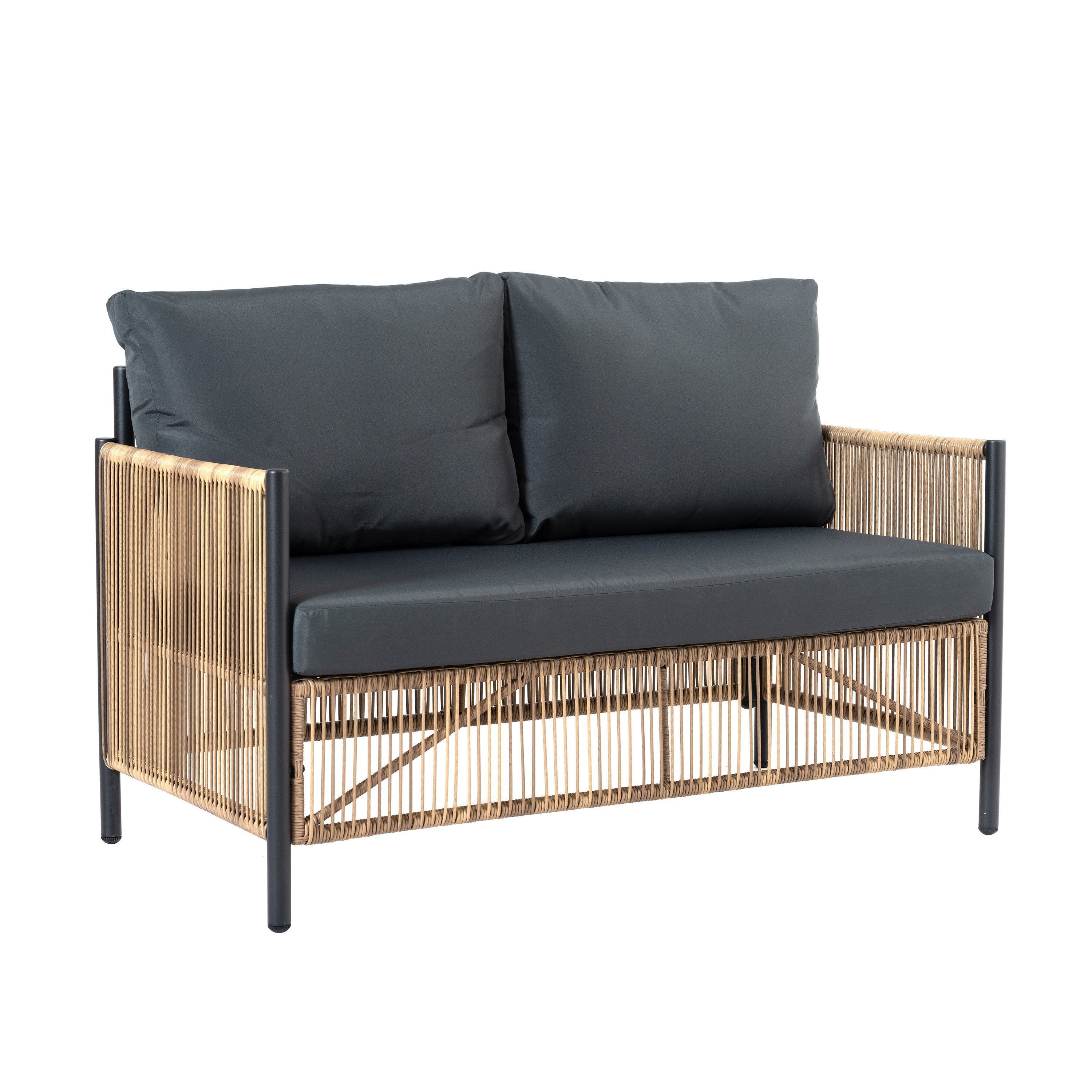 Outdoor PE Wicker 2-Seater Sofa Set with Grey Cushions and Table