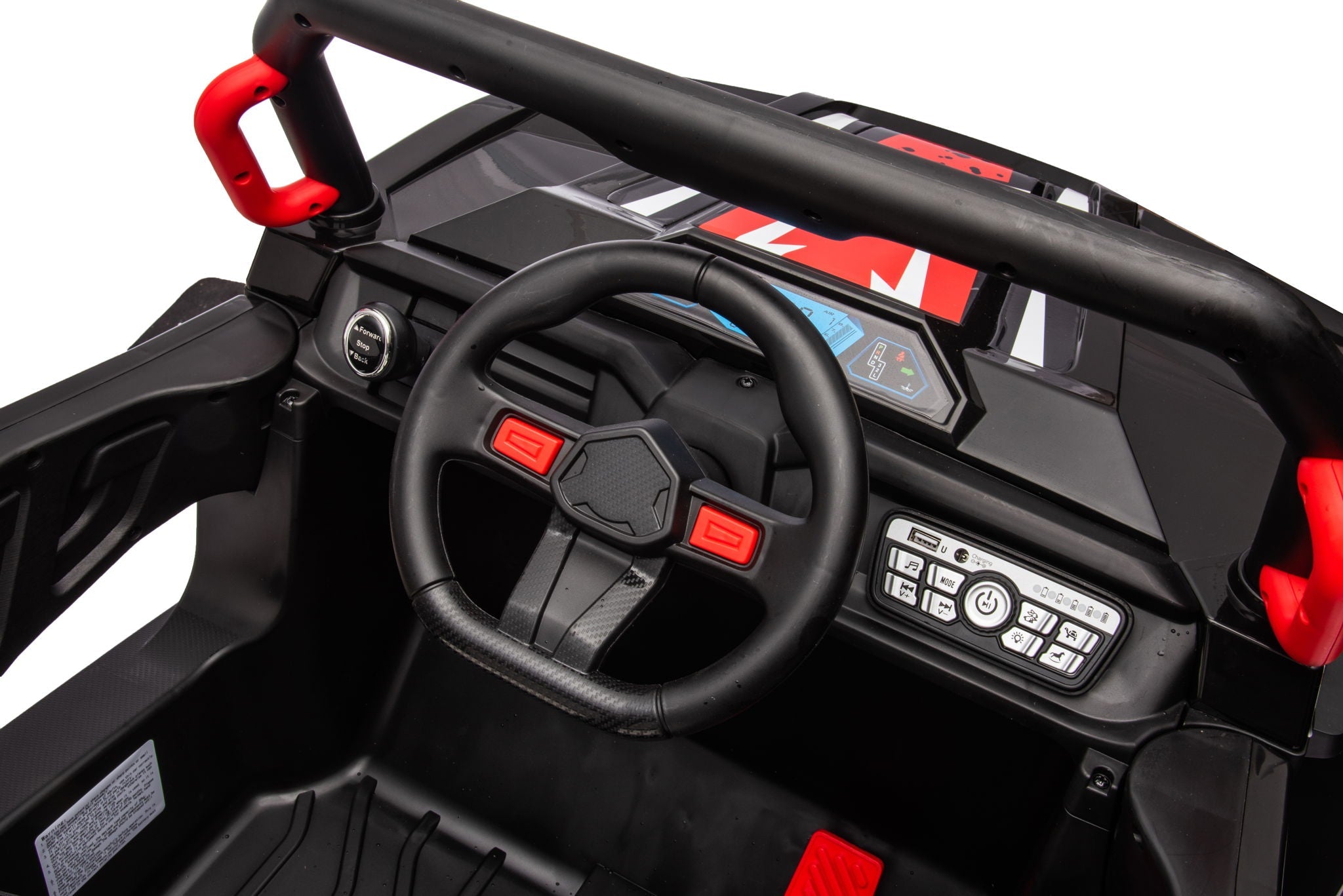 12V7A*1 30W*4 Four-Wheel Drive Seat One Button Start, Forward And Backward, High And Low Speed, Music, Front Light, Power Display, Two Doors Can Open, 2.4G R / C, Seat Belt Four Wheel Absorber