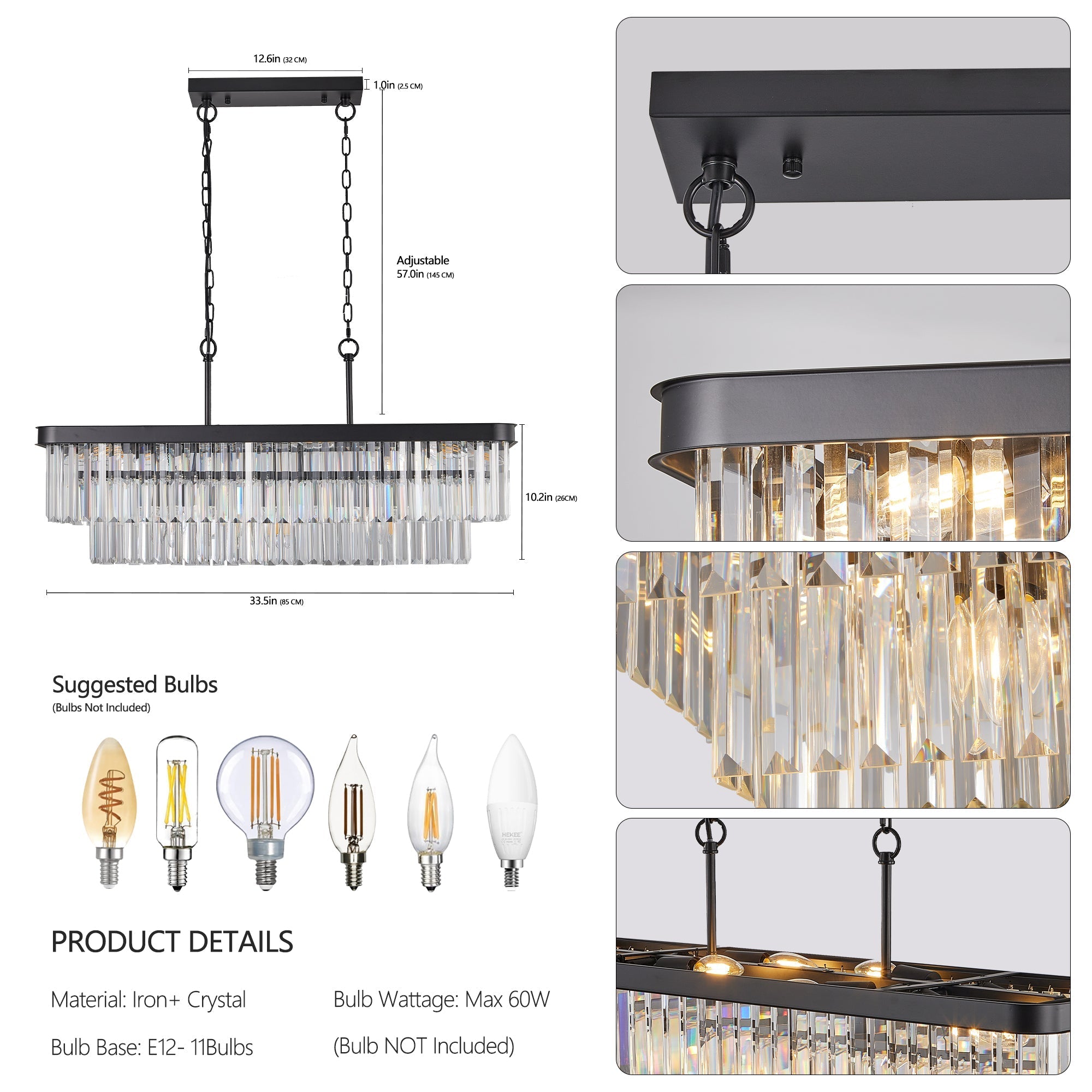 Rectangular Crystal Chandelier Adjustable
