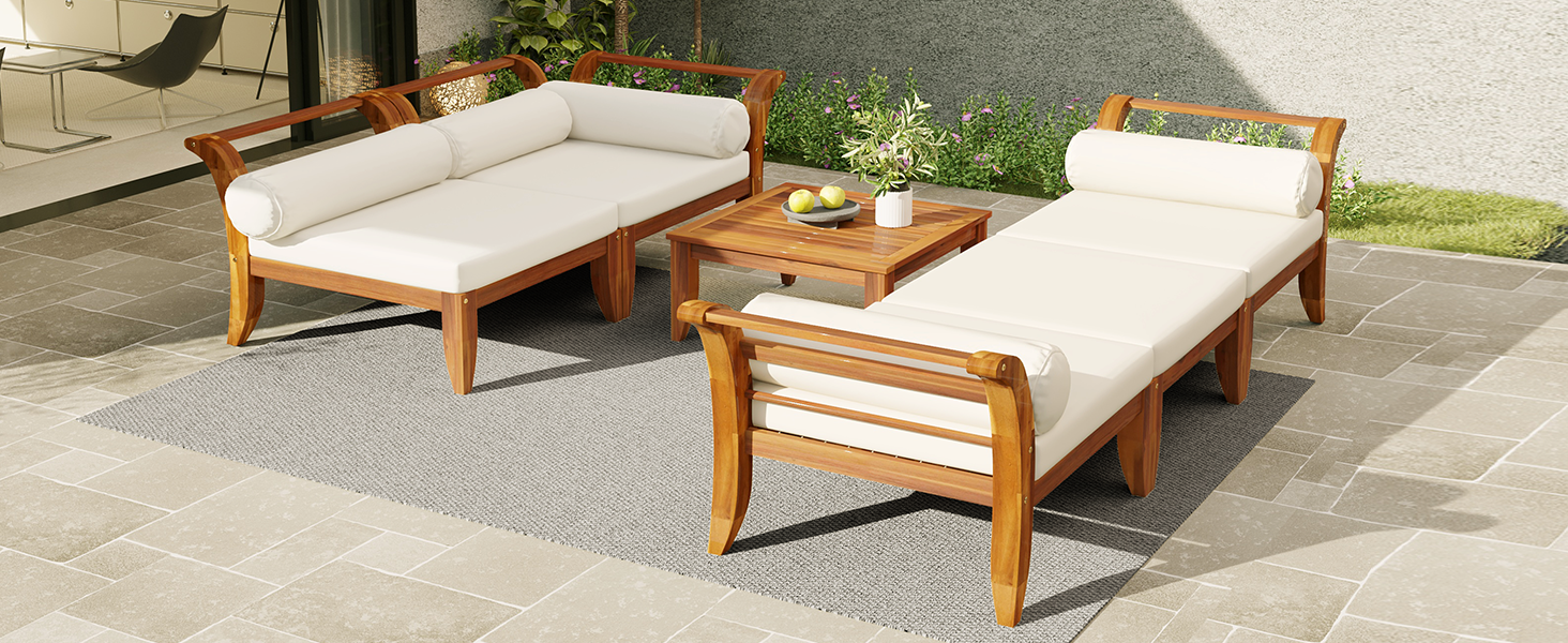 6 Piece Acacia Wood Outdoor Modular Sectional with Daybed and Tea Table